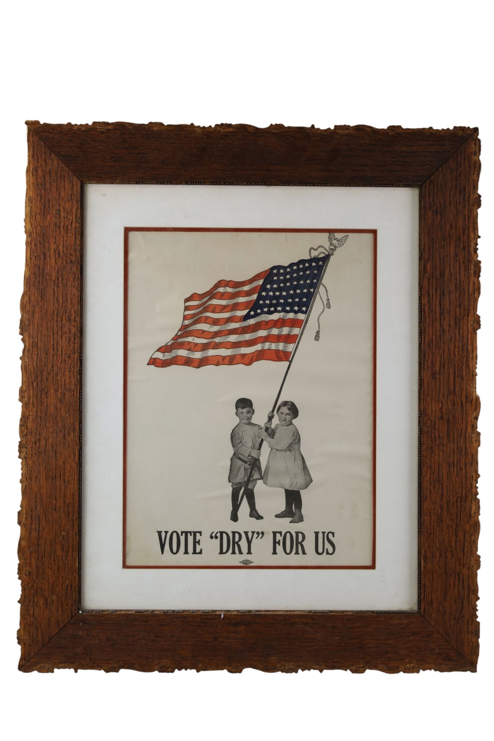 FRAMED PROHIBITION POSTER: IN OAK FRAME, VOTE "DRY" FOR US. 21" x 25"