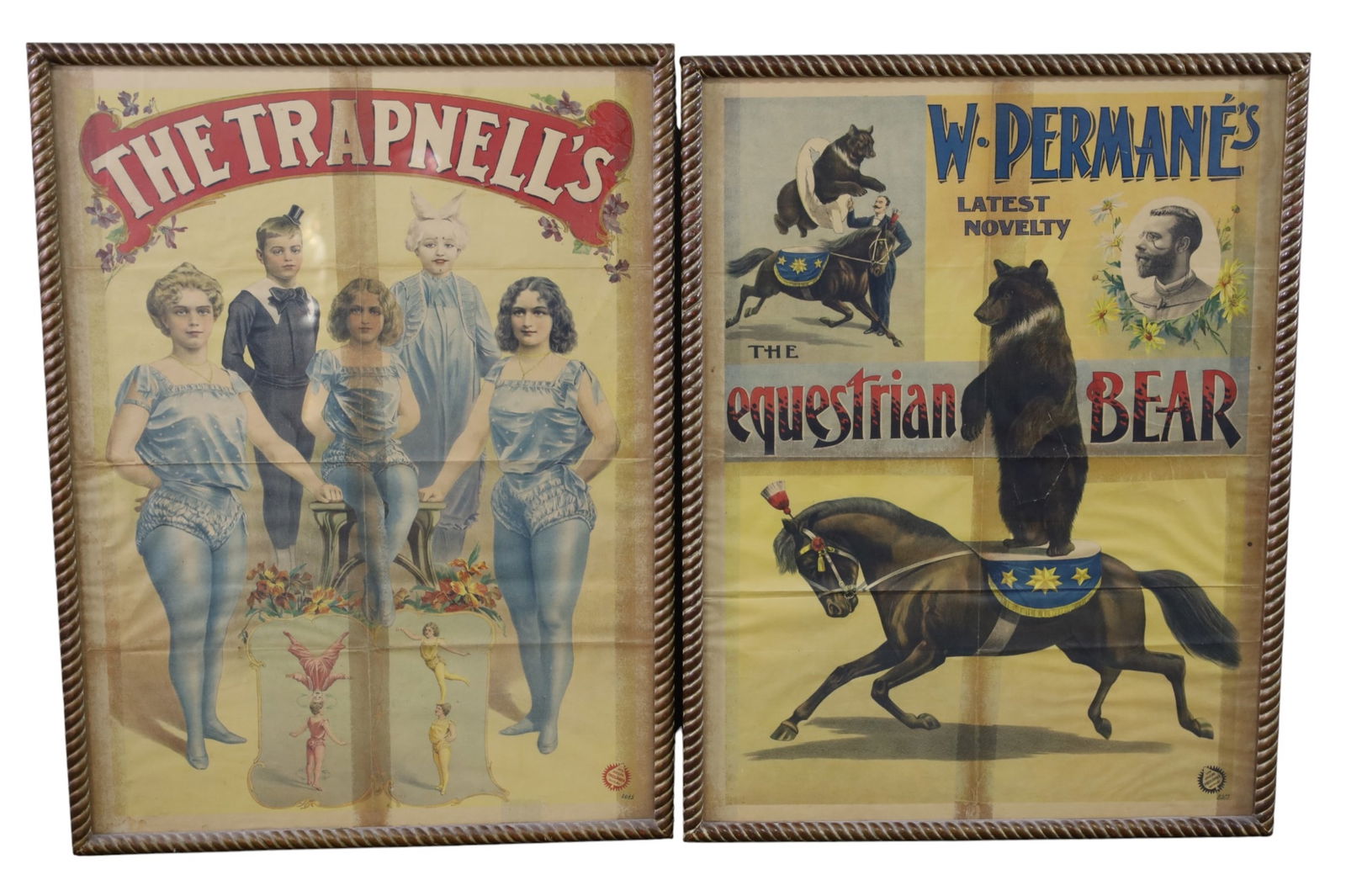 2 CIRCUS POSTERS: THE TRAPNELL'S & W. PEMANES EQUESTRIAN BEAR. CREASES. 29" x 39"