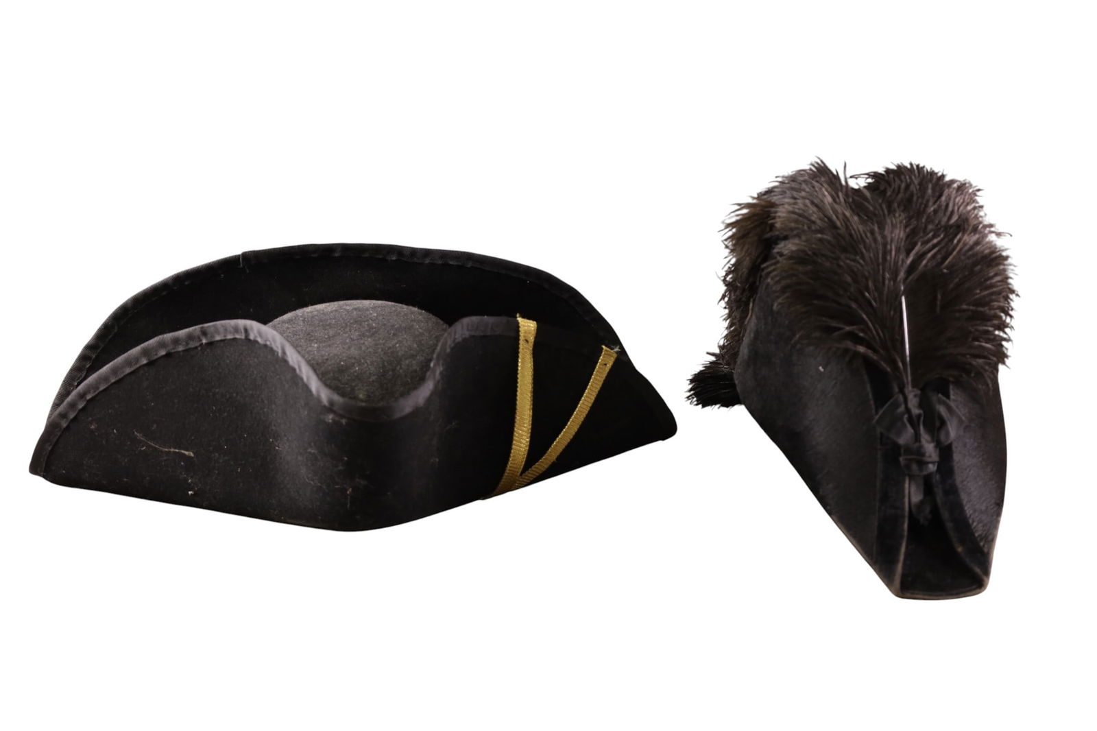 2 EUROPEAN MILITARY HATS: 2 MILITARY HATS, 19TH CENTURY MILITARY OFFICERS BICORNE HAT & TRICORN BLACK FELT HAT.