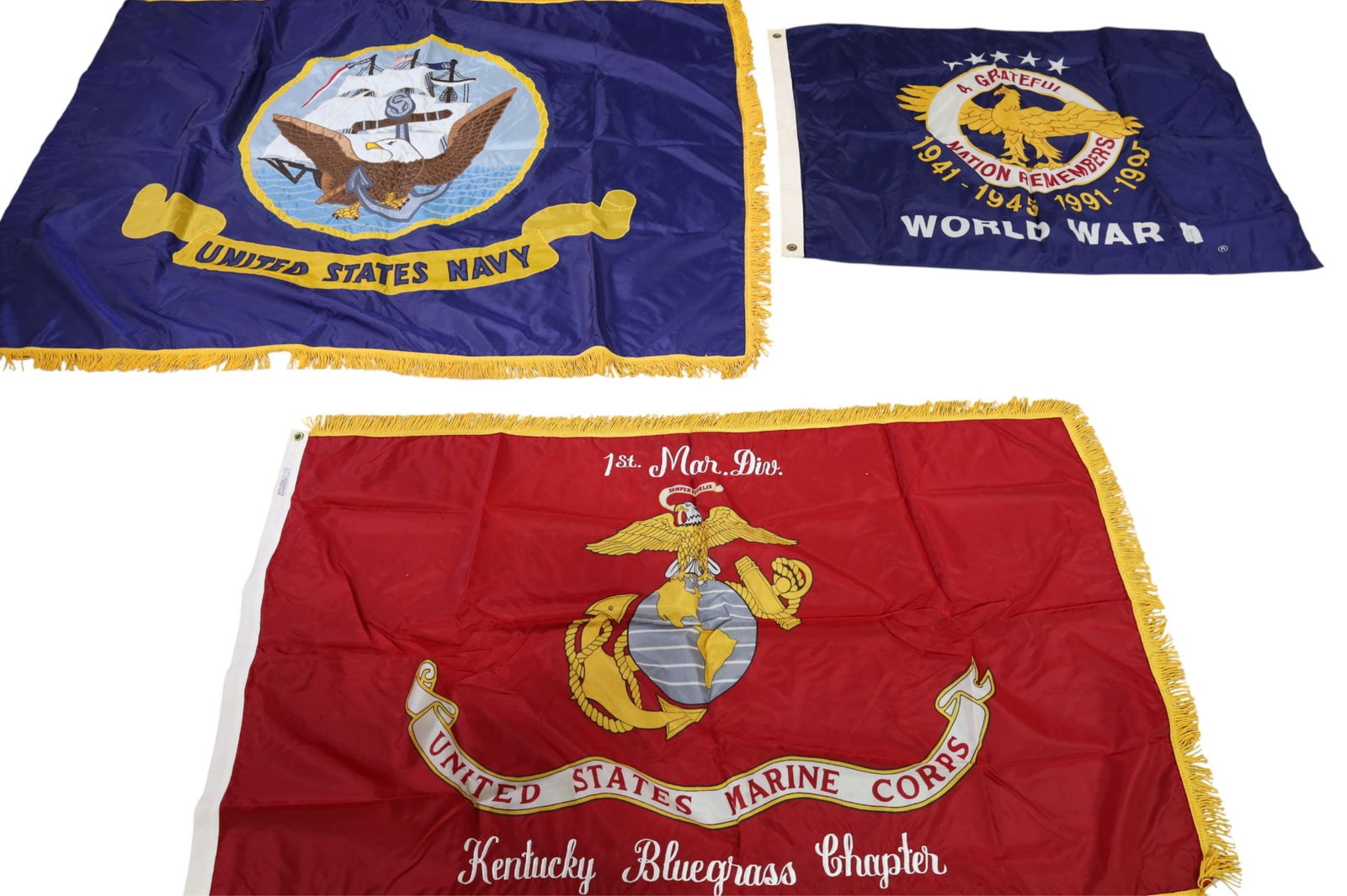 3 US MILITARY FLAGS: 3 MILITARY FLAGS. US NAVY, WWII REMEMBERANCE FLAG, US MARINE CORPS. 45" - 66" L.