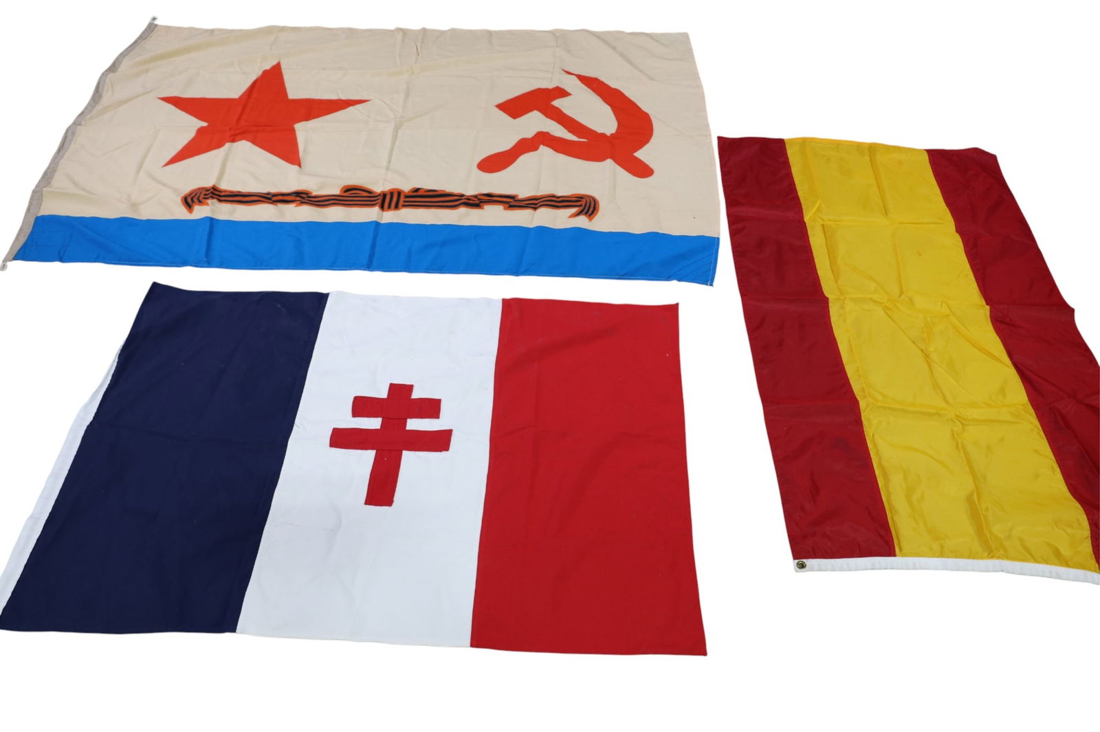 3 FOREIGN MILITARY FLAGS: FREE FRANCE, SPANISH , & SOVIET FLAG. 55" - 79" L