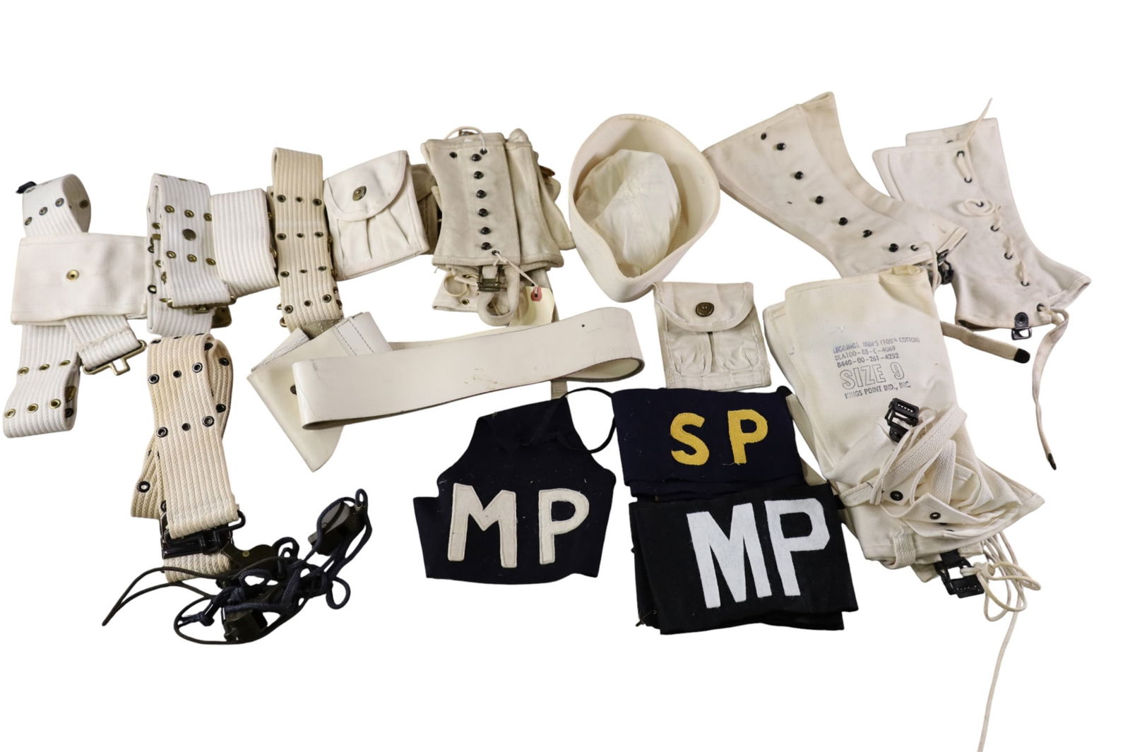 LOT OF U.S. NAVY ITEMS: HATS, BELTS, LEGGINGS, & MORE