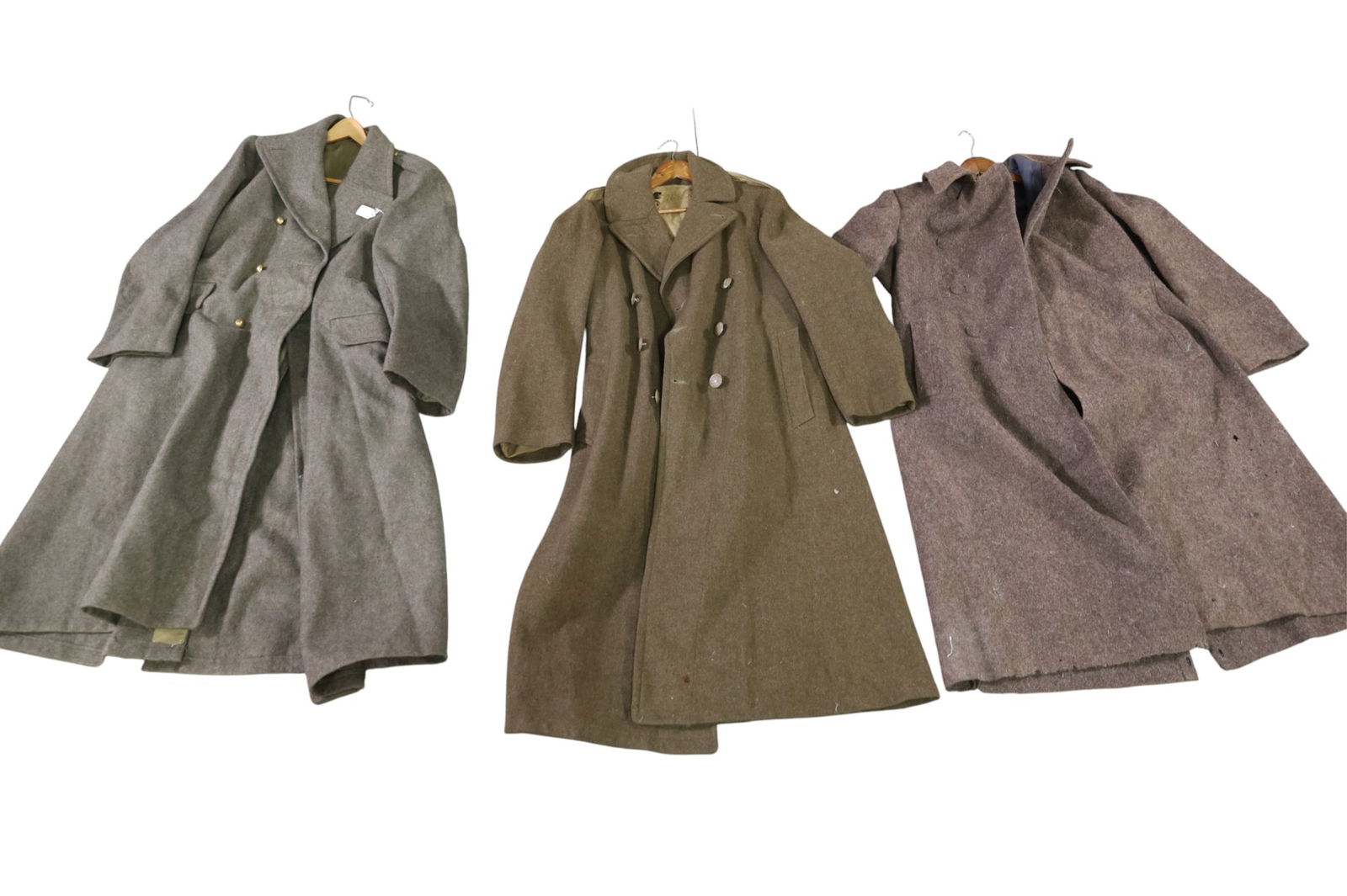 3 MILITARY WOOL TRENCH COATS: 1 HAS MOTH DAMAGE