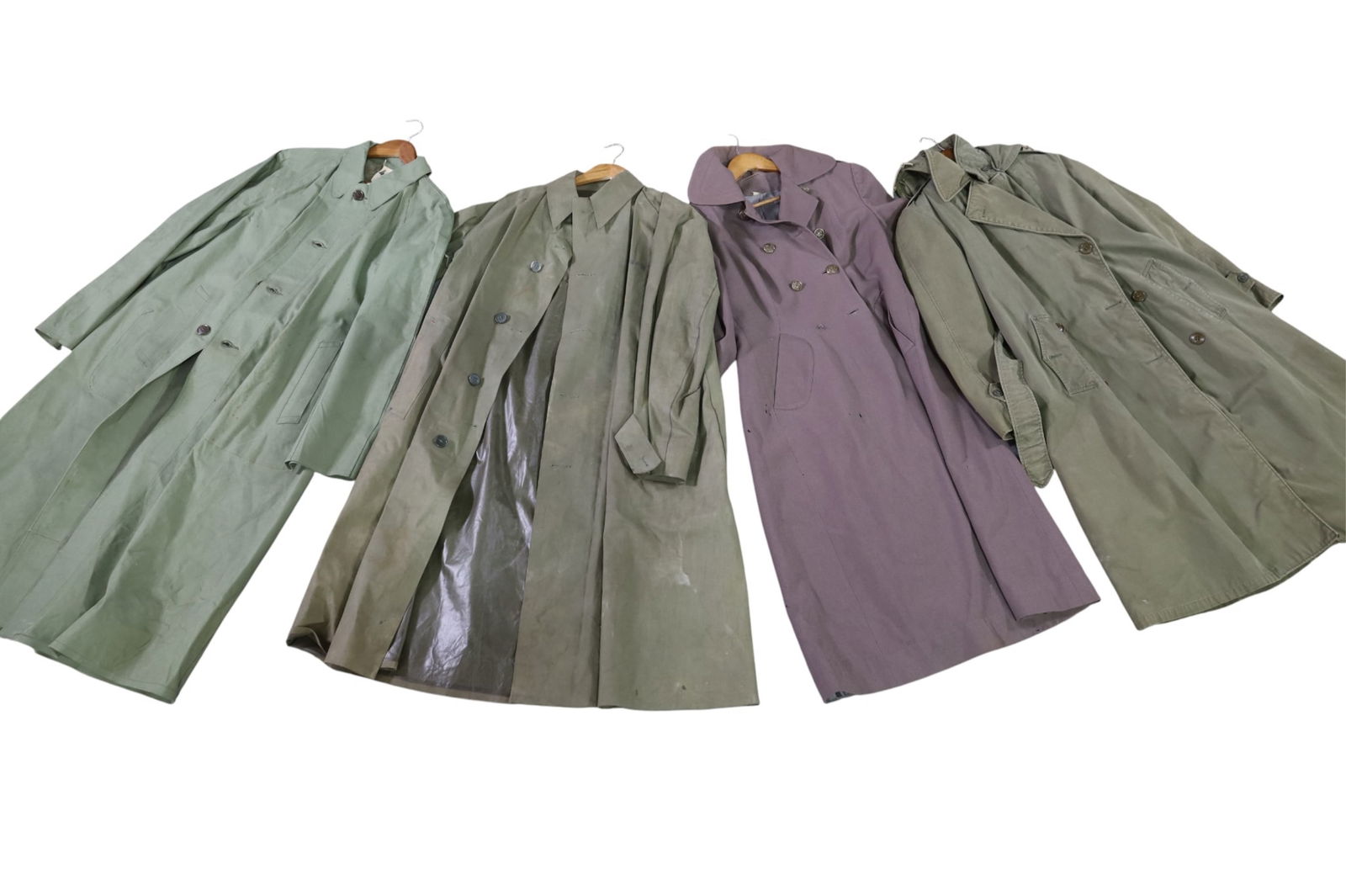 4 U.S. MILITARY TRENCH COATS: 3 GREEN & 1 BROWN