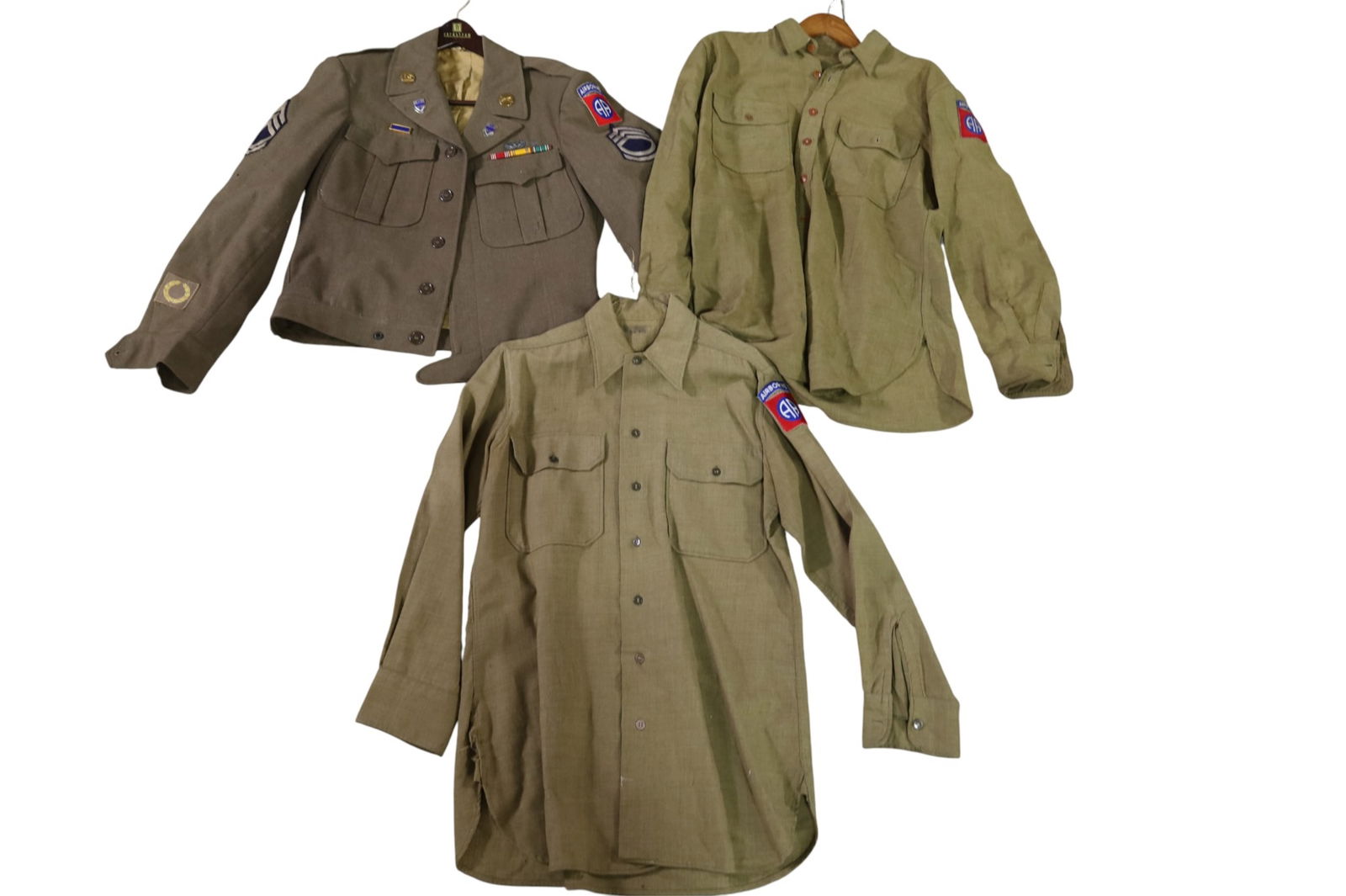 2 U.S. AIRBORNE SHIRTS & JACKET: 3 TOTAL--WITH PATCHES