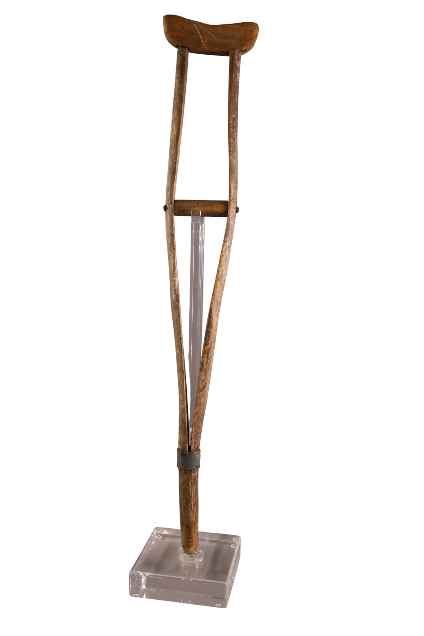 19TH CENTURY CHILD'S CRUTCH: HANDMADE CRUTCH ON CUSTOM ACRYLIC STAND. 30" TALL