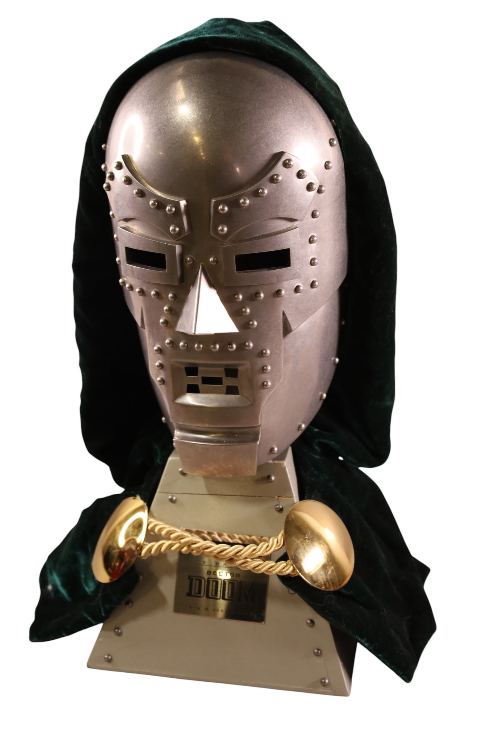 DR DOOM MASK: REPLICA FACTORY X DR DOOM MASK ON STAND WITH HOOD. 20" H.
