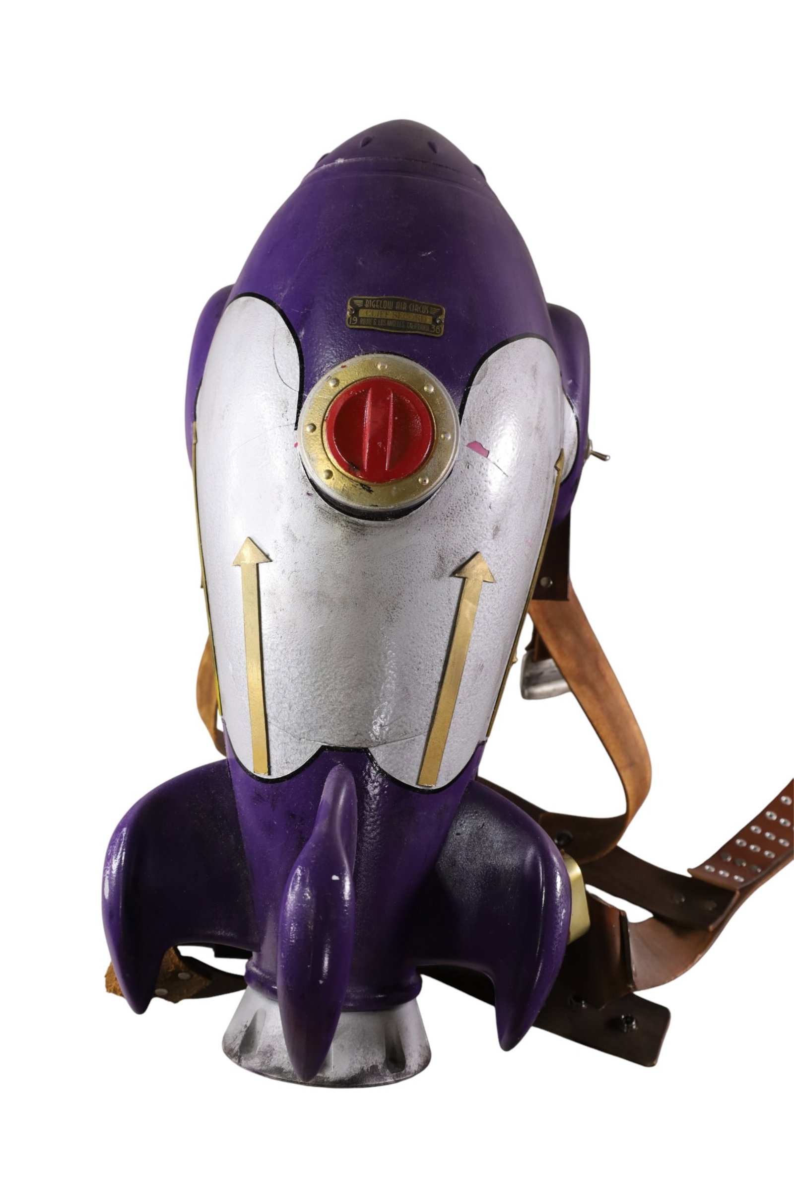 ROCKETEER PROP JETPACK: CLIFF SECORD ROCKETEER BIGELOW AIR CIRCUS PROP JETPACK, 25" H.
