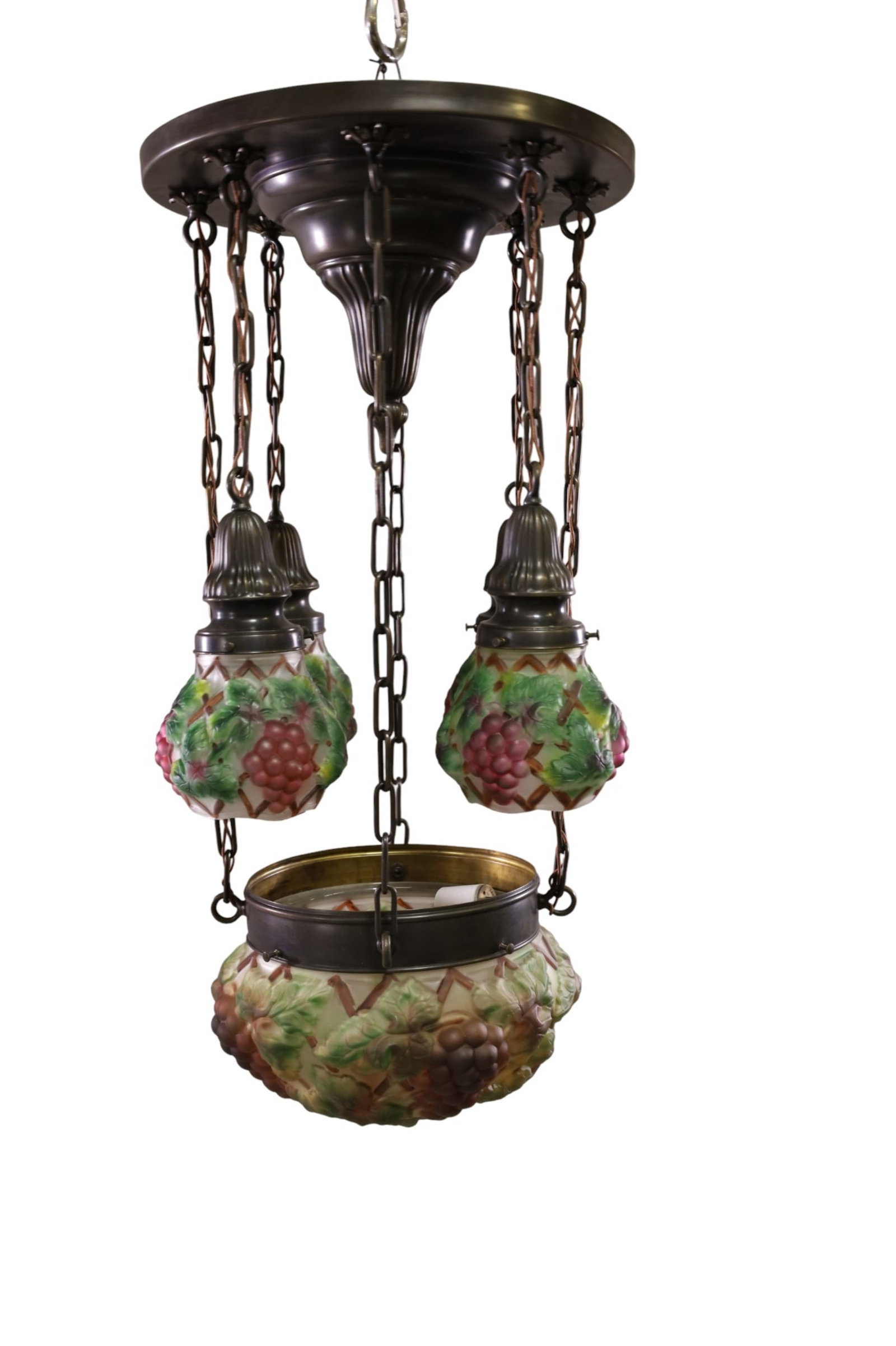 PUFFY STYLE VICTORIAN CHANDELIER: 5 LIGHT GRAPE MOTIF VICTORIAN CHENDELIER, 10" DIAM FITTER ON SHADE, 34" H. THIS ITEM EXCEEDS SIZE LIMITATIONS FOR IN HOUSE SHIPPING, MUST BE PICKED UP IN HOUSE OR SHIPPED VIA 3rd PARTY GROUND SHIPPER.