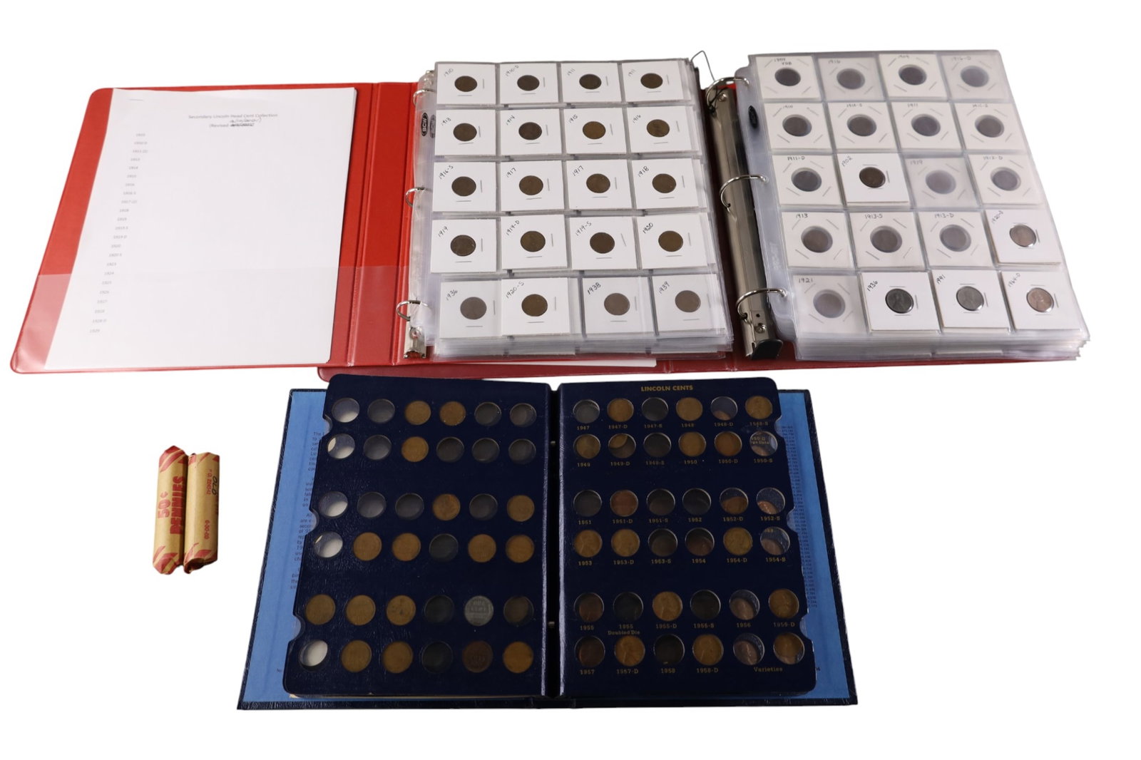 LARGE PENNY COLLECTION: 3 BOOK BINDERS AND LOOSE PENNY COLLECTION, 1909 - 2018. PARTIAL.