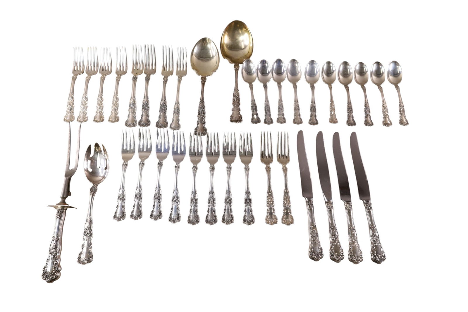 GORHAM BUTTERCUP STERLING FLATWARE SET: 36 PCS GORHAM STERLING SILVER FLATWWARE SET, 1358 GRAMS (WITHOUT KNIVES)