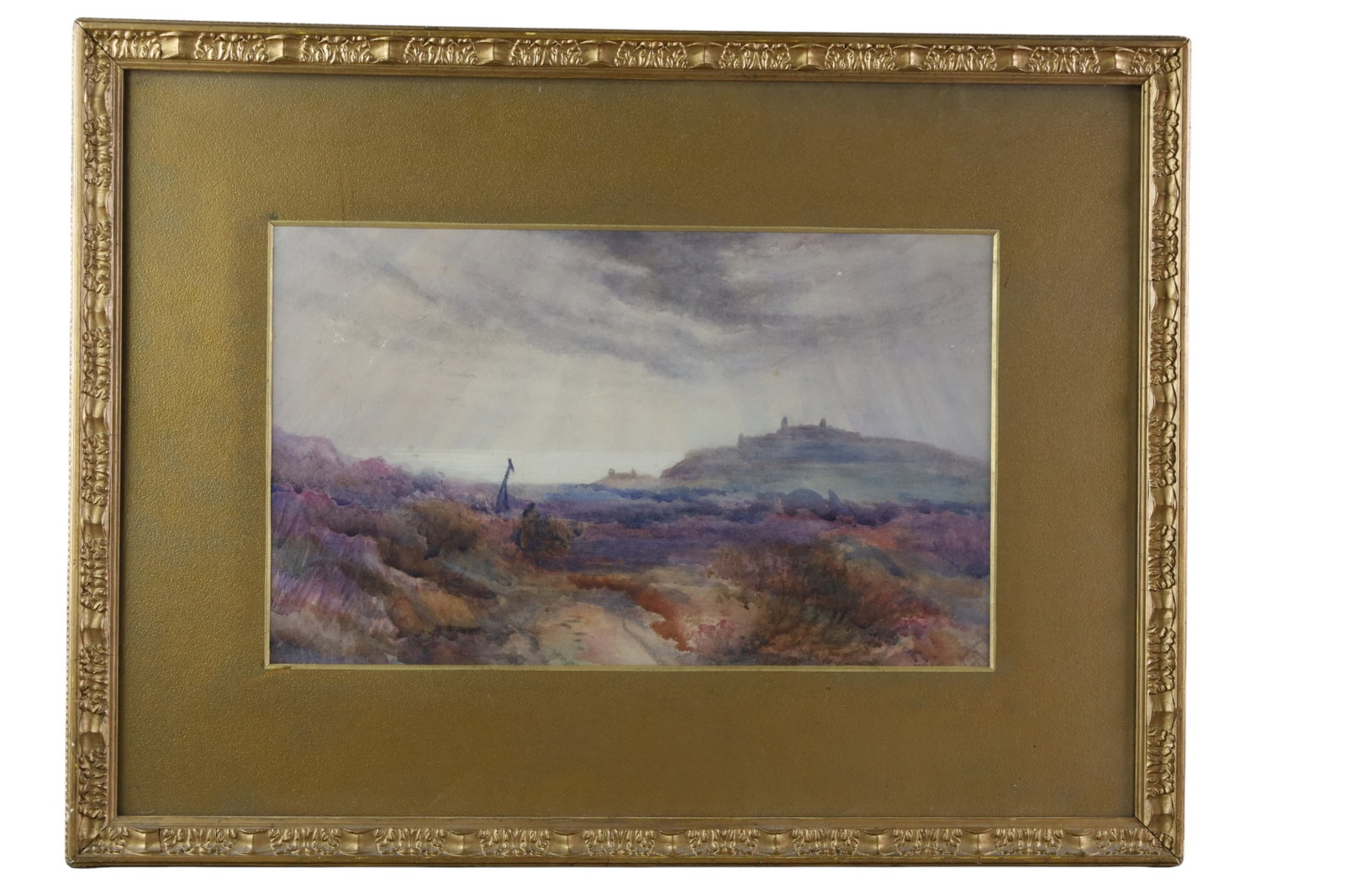 ANTIQUE WATERCOLOR LANDSCAPE: UNSIGNED, WATERCOLOR FRAMED UNDER GLASS, LANDSCAPE. 27" x 20 1/2"