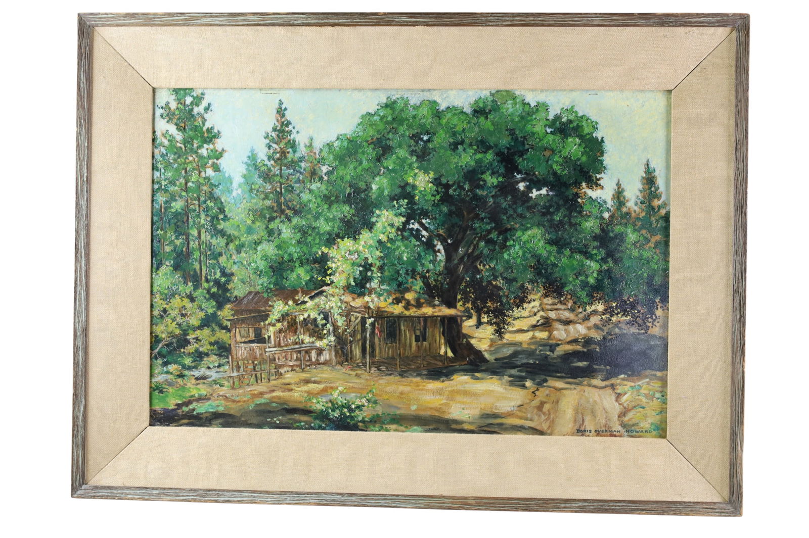DORIS HOWARD COTTAGE SCENE PAINTING: OIL ON BOARD, SIGNED LOWER RIGHT, DORIS OVERMAN HOWARD COTTAGE SCENE PAINTING. 38" x 27 1/2" THIS ITEM EXCEEDS SIZE LIMITATIONS FOR IN HOUSE SHIPPING, MUST BE PICKED UP IN HOUSE OR SHIPPED VIA