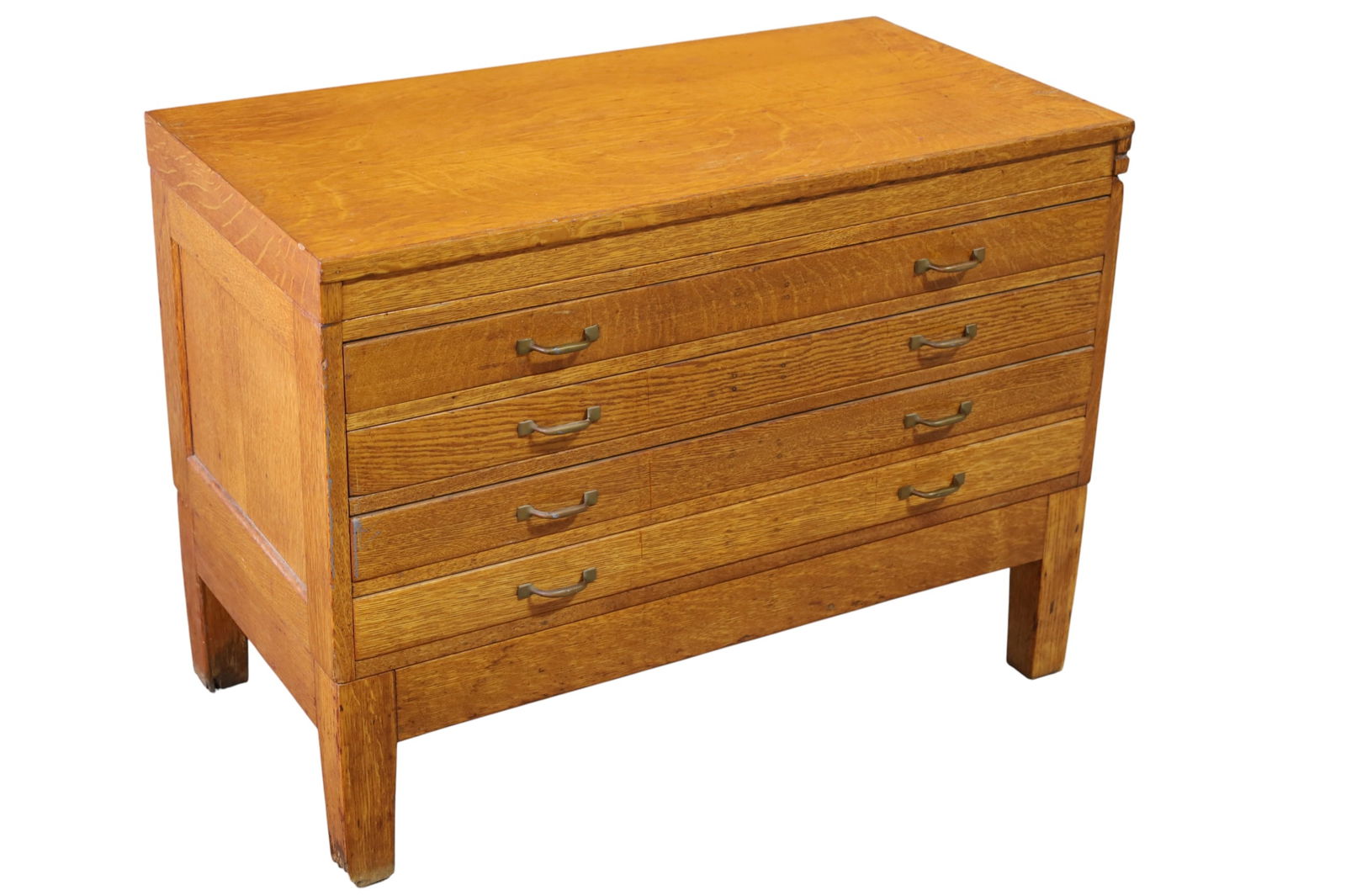 AMERICAN OAK LATERAL FILE CABINET: 4 DRAWER AMERICAN OAK LATER FILE OR MAP CABINET, 33" x 17" D x 24 1/2" H. THIS ITEM EXCEEDS SIZE LIMITATIONS FOR IN HOUSE SHIPPING, MUST BE PICKED UP IN HOUSE OR SHIPPED VIA 3rd PARTY GROUND SHIPPER.