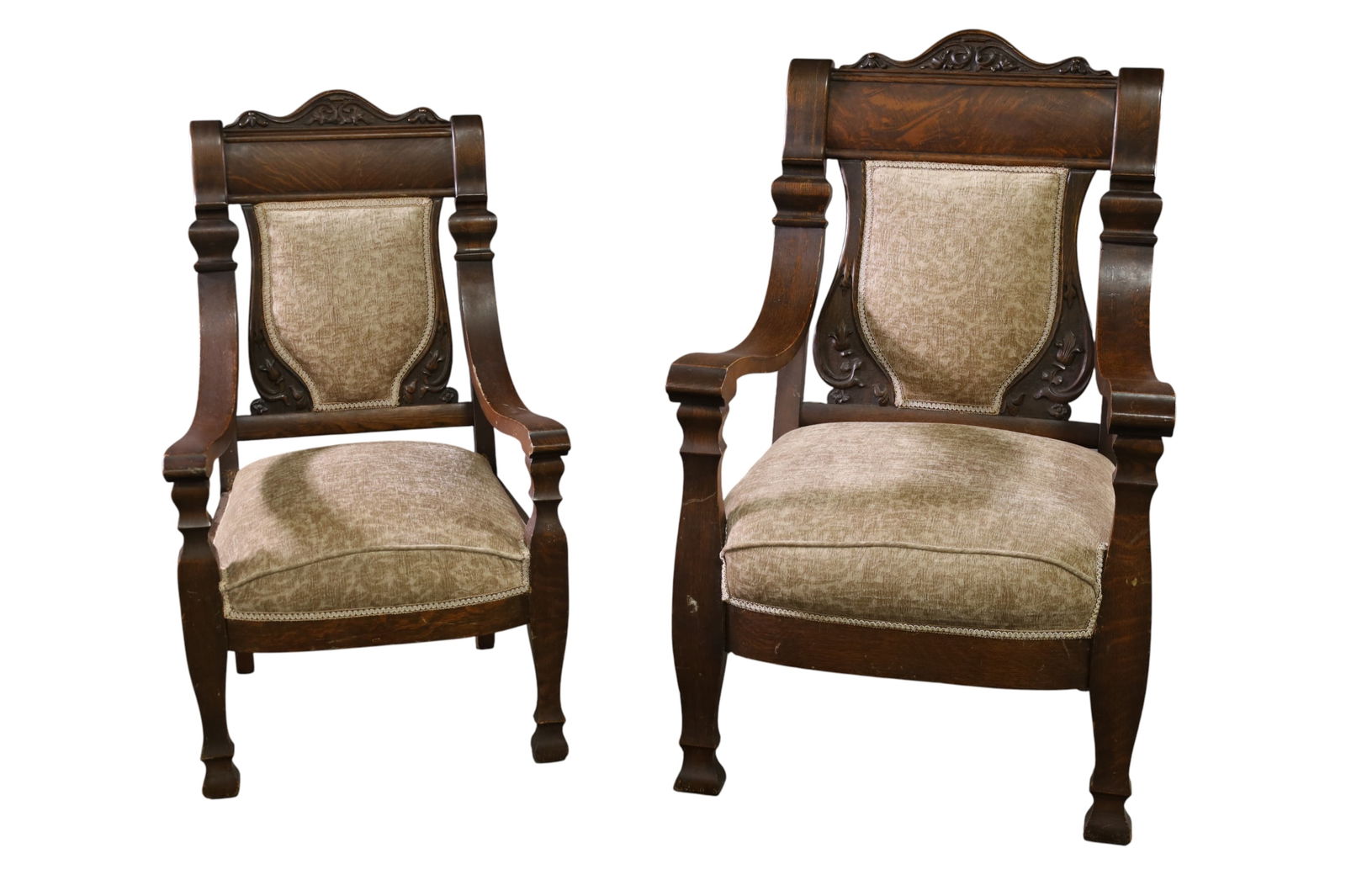 2 VICTORIAN OAK PARLOR CHAIRS: 2 LARGE OAK PARLOR CHAIRS, MINOR WEAR TO FINISH. 28" W x 29" D x 44" H. & 23" W x 24" D x 40" H. THIS ITEM EXCEEDS SIZE LIMITATIONS FOR IN HOUSE SHIPPING, MUST BE PICKED UP IN HOUSE OR SHIPPED 