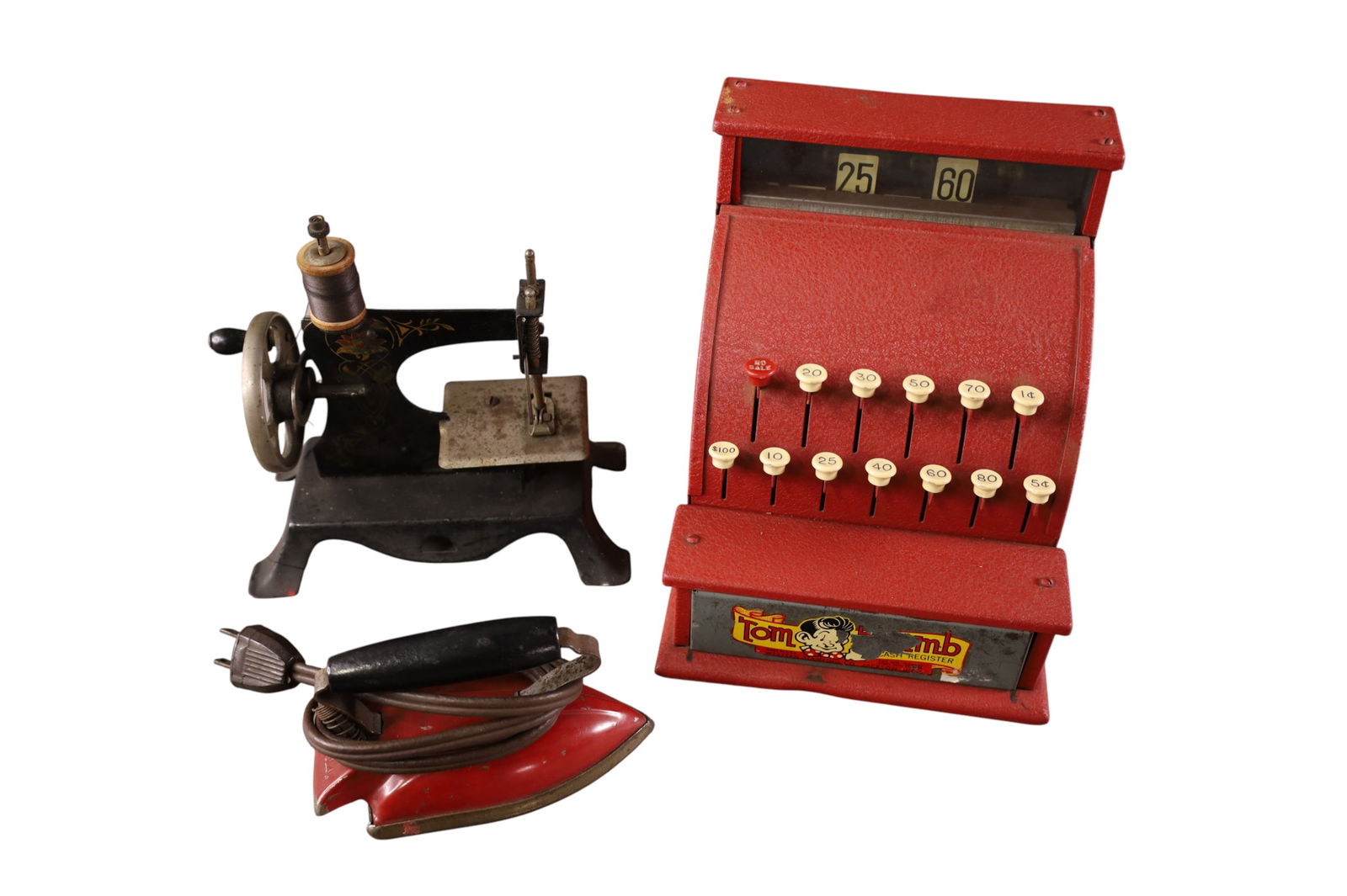 3 ANTIQUE TOYS: TOM THUMB TOY REGISTER, CHILD'S IRON, & CHILD'S SEWING MACHINE.