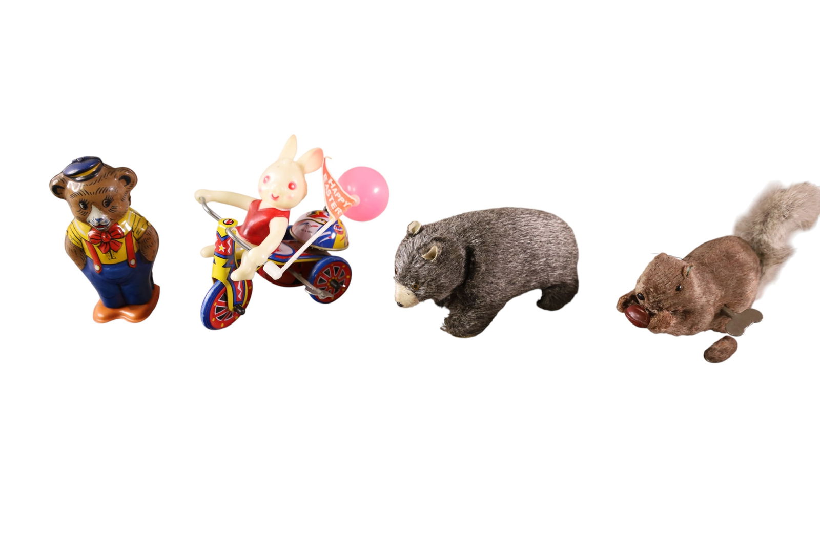 GROUPING OF WIND UP TOYS: WIND UP CHEIN BEAR, SQUIRREL, RABBIT, AND TEDDY.