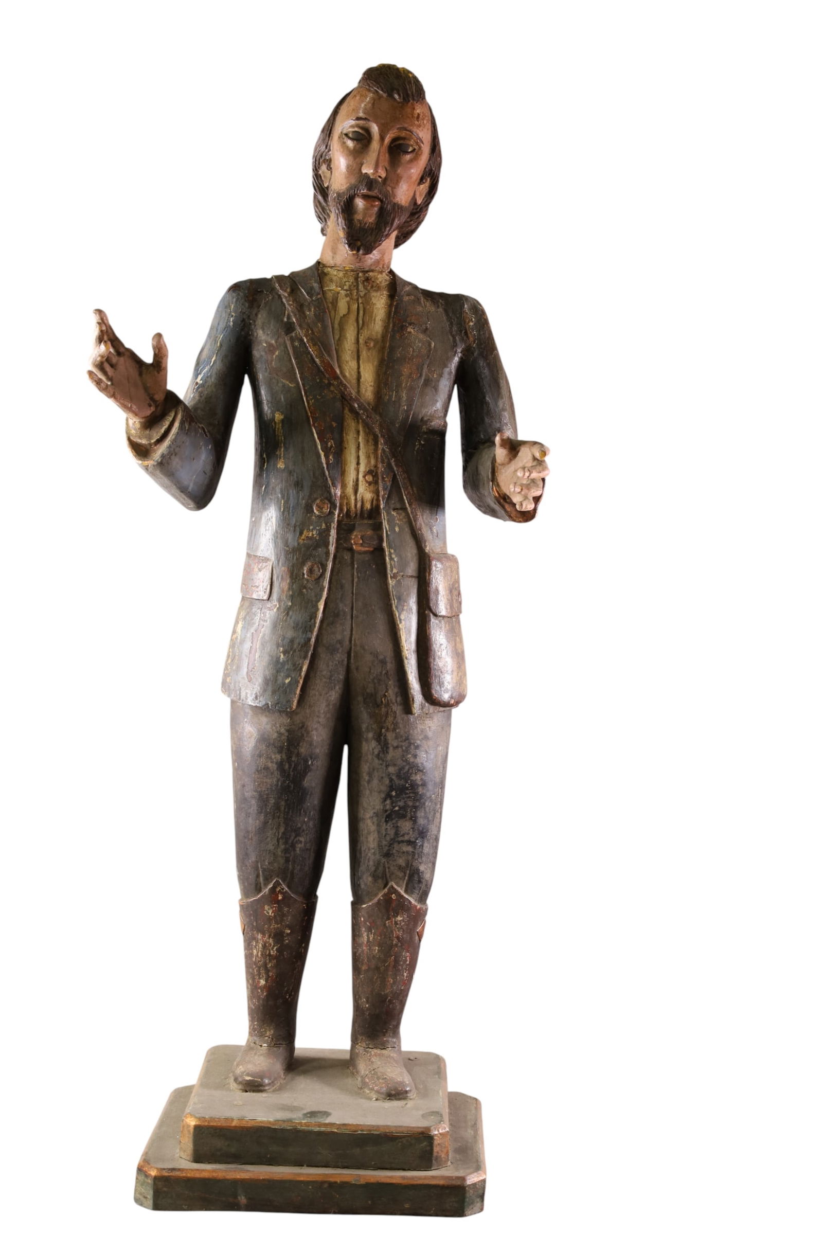 19TH CENTURY FOLK ART FIGURE: LARGE CARVED WOODEN FOLK ART FIGURE, 19TH CENTURY FIGURE. PAINTED FINISH. 43" H. THIS ITEM EXCEEDS SIZE LIMITATIONS FOR IN HOUSE SHIPPING, MUST BE PICKED UP IN HOUSE OR SHIPPED VIA 3rd PARTY