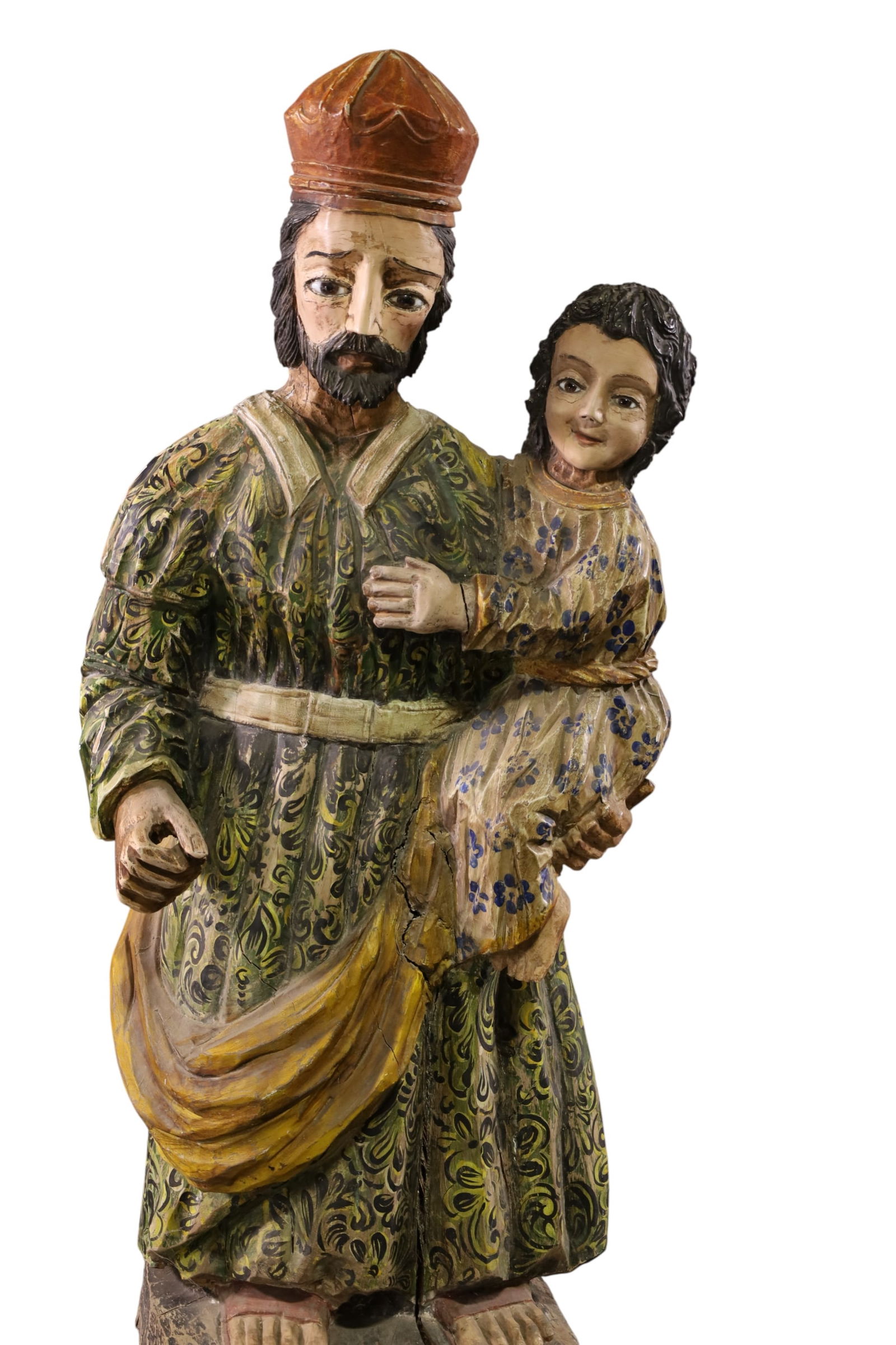 LARGE FIGURE OF ST. JOSEPH: LARGE POLYCHROME PAINTED FIGURE OF ST. JOSEPH HOLDING BABY JESUS. PAINT LOSS. 49" H. THIS ITEM EXCEEDS SIZE LIMITATIONS FOR IN HOUSE SHIPPING, MUST BE PICKED UP IN HOUSE OR SHIPPED VIA 3rd PARTY
