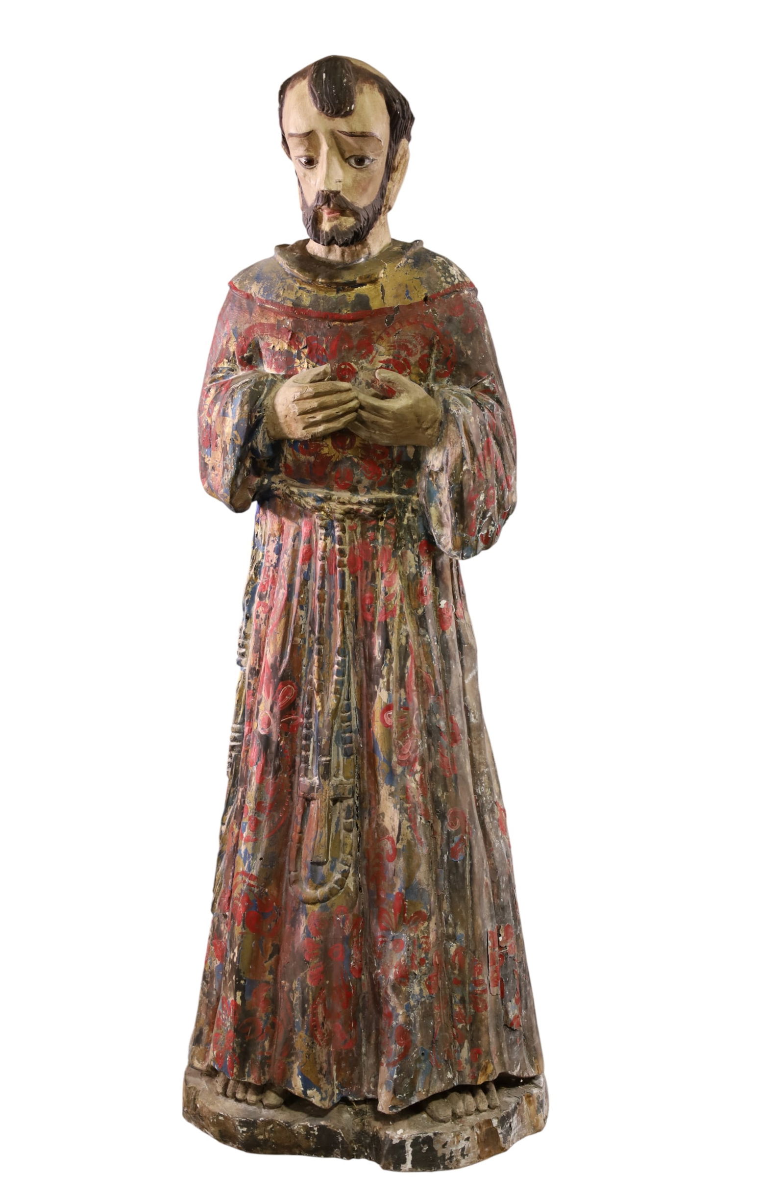 LARGE CARVED RELIGIOUS SANTO: LIFESIZE WOODEN CARVED RELIGIOUS SANTO ST FRANCIS FIGURE, PAINTED FINISH. 63" H. THIS ITEM EXCEEDS SIZE LIMITATIONS FOR IN HOUSE SHIPPING, MUST BE PICKED UP IN HOUSE OR SHIPPED VIA 3rd PARTY