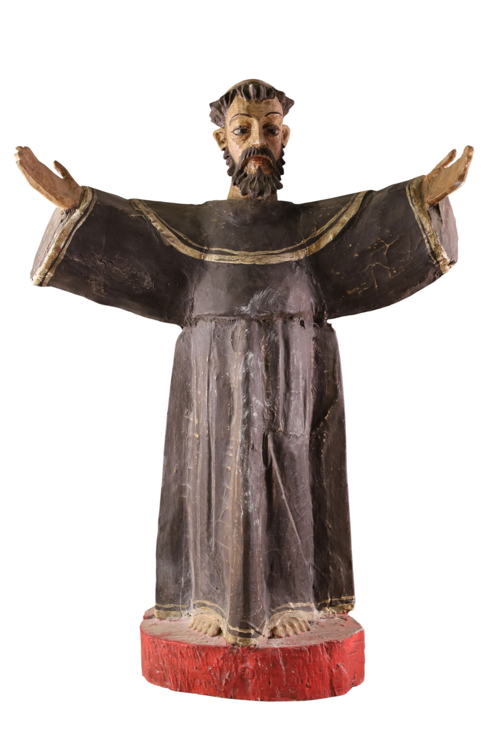 CARVED RELIGIOUS SANTO FIGURE: LARGE CARVED RELIGIOUS SANTO FIGURE, PAINTED FINISH. 32" H. THIS ITEM EXCEEDS SIZE LIMITATIONS FOR IN HOUSE SHIPPING, MUST BE PICKED UP IN HOUSE OR SHIPPED VIA 3rd PARTY GROUND SHIPPER.