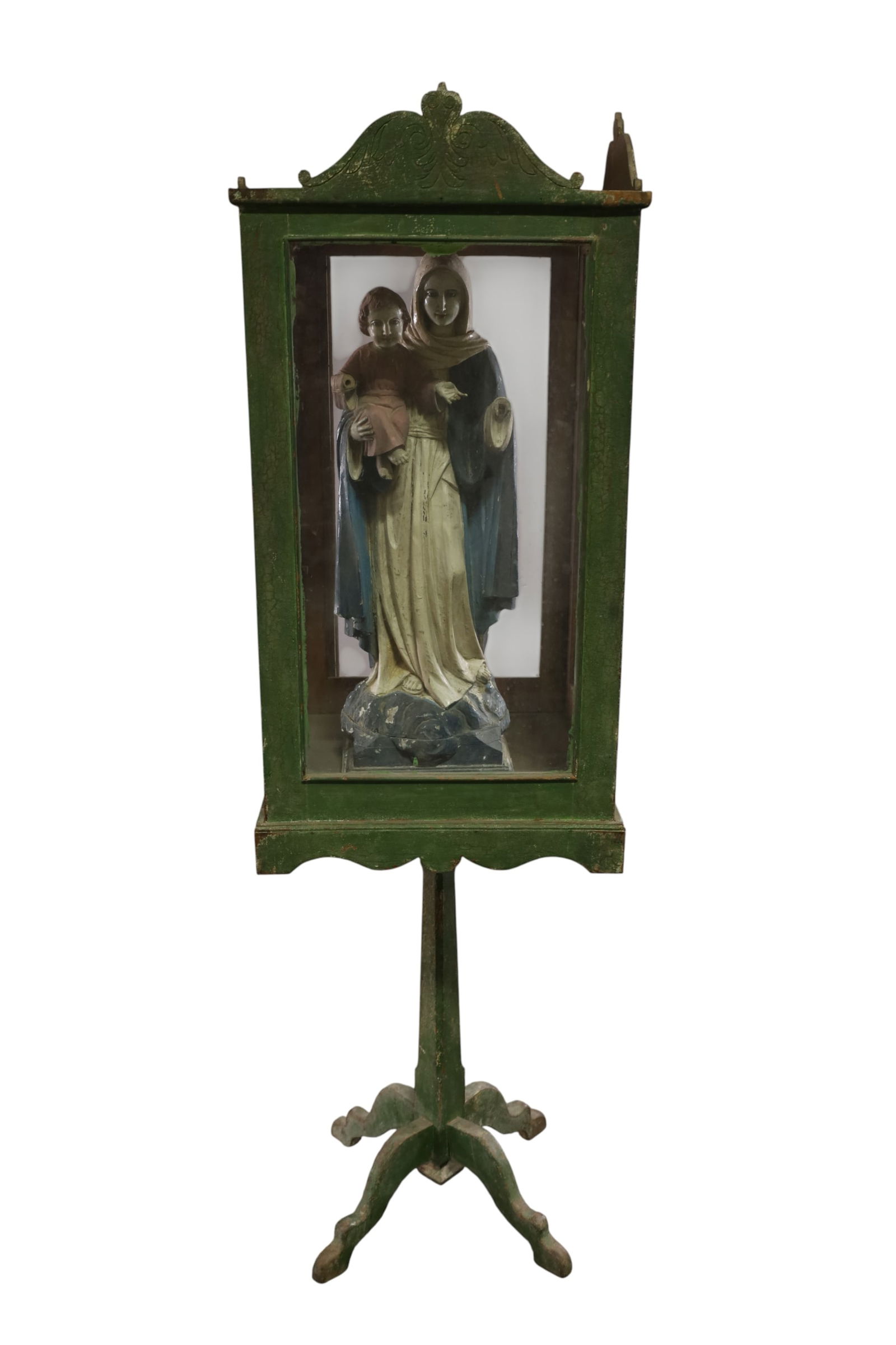 VIRGIN MARY SANTO IN SHRINE: LARGE VIRGIN MARY SANTO FIGURE, WITH CHILD, IN LARGE SHRINE, PAINTED FINISH, MISSING FINGERS. PAINT LOSS. BREAK IN GLASS TO SHRINE. TOP MOULDING MISSING. 31" H. FIGURE, 70" H. CASE. THIS ITEM 