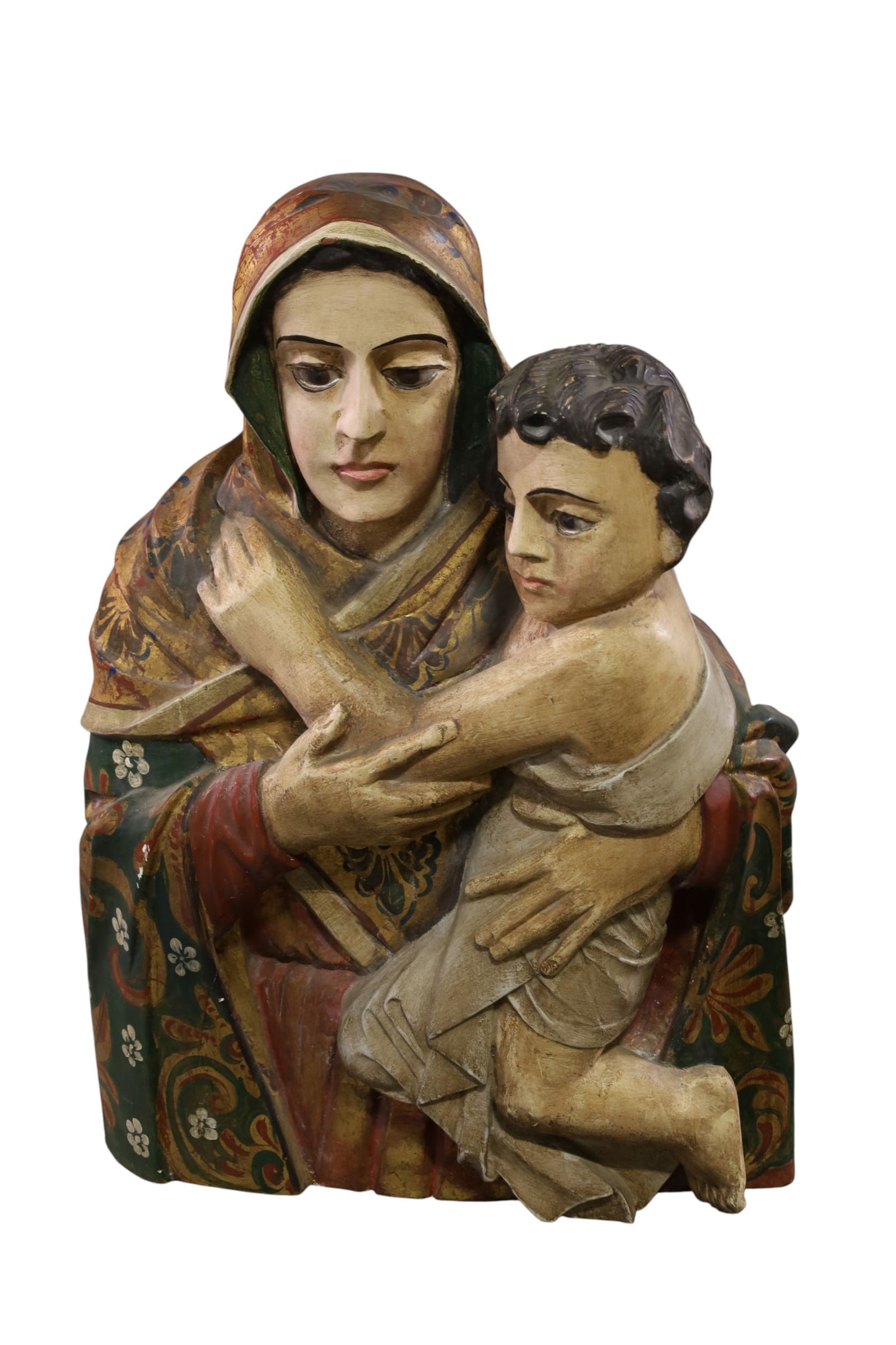 LARGE SANTO FIGURE: VIRGIN MOTHER AND CHILD WOODEN SANTO FIGURE, POLYCHROME PAINTED. SOME PAINT LOSS. 20" W x 28" H. THIS ITEM EXCEEDS SIZE LIMITATIONS FOR IN HOUSE SHIPPING, MUST BE PICKED UP IN HOUSE OR SHIPPED 
