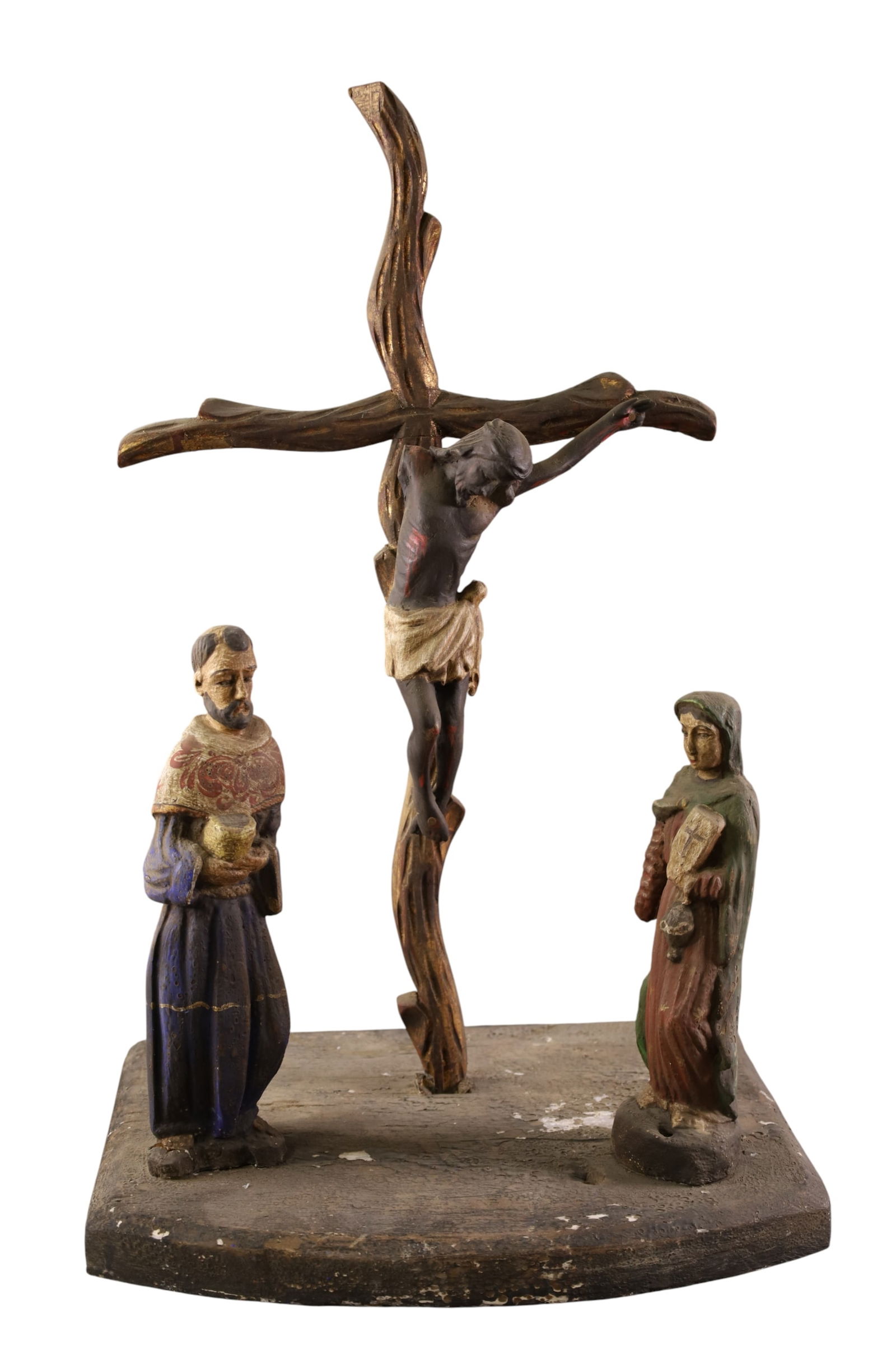 CRUCIFIX: CARVED WOOD CRUCIFIX, JESUS ON THE CROSS. MISSING ONE ARM. PAINT LOSS. 16" H. THIS ITEM EXCEEDS SIZE LIMITATIONS FOR IN HOUSE SHIPPING, MUST BE PICKED UP IN HOUSE OR SHIPPED VIA 3rd PARTY GROUND 