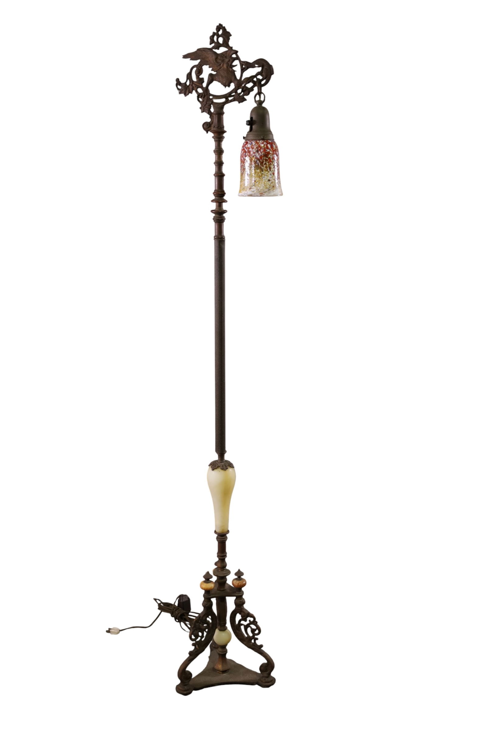 1930'S FLOOR LAMP: BIRD AND DRAGON DECORATED IRON AND MARBLE FLOOR LAMP, GLASS SHADE. 64" H. THIS ITEM EXCEEDS SIZE LIMITATIONS FOR IN HOUSE SHIPPING, MUST BE PICKED UP IN HOUSE OR SHIPPED VIA 3rd PARTY GROUND 
