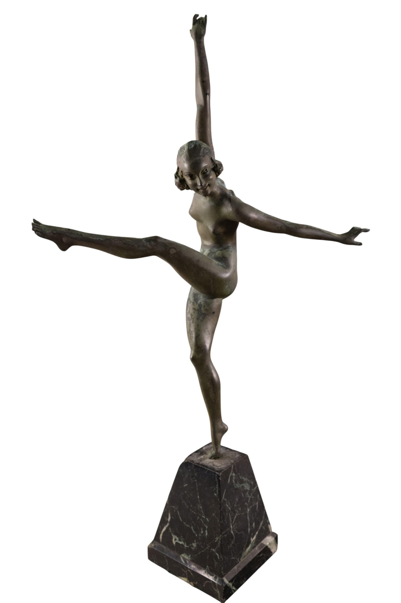 BRONZE DANCER STATUE: ART DECO BRONZE DANCER FIGURE, ON MARBLE BASE, DISCOLORING TO PATINA, CHIPS TO MARBLE. 25" H