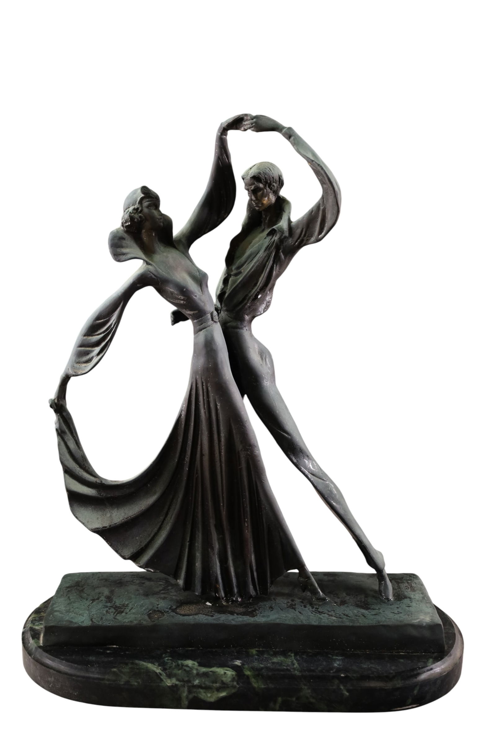 ART DECO STYLE DANCERS BRONZE: LARGE ART DECO STYLE BRONZE DANCERS FIGURE, ON MARBLE BASE. AFTER CHIPARUS. WEAR TO FINISH. 16" W X 20" H. THIS ITEM EXCEEDS SIZE LIMITATIONS FOR IN HOUSE SHIPPING, MUST BE PICKED UP IN HOUSE OR 