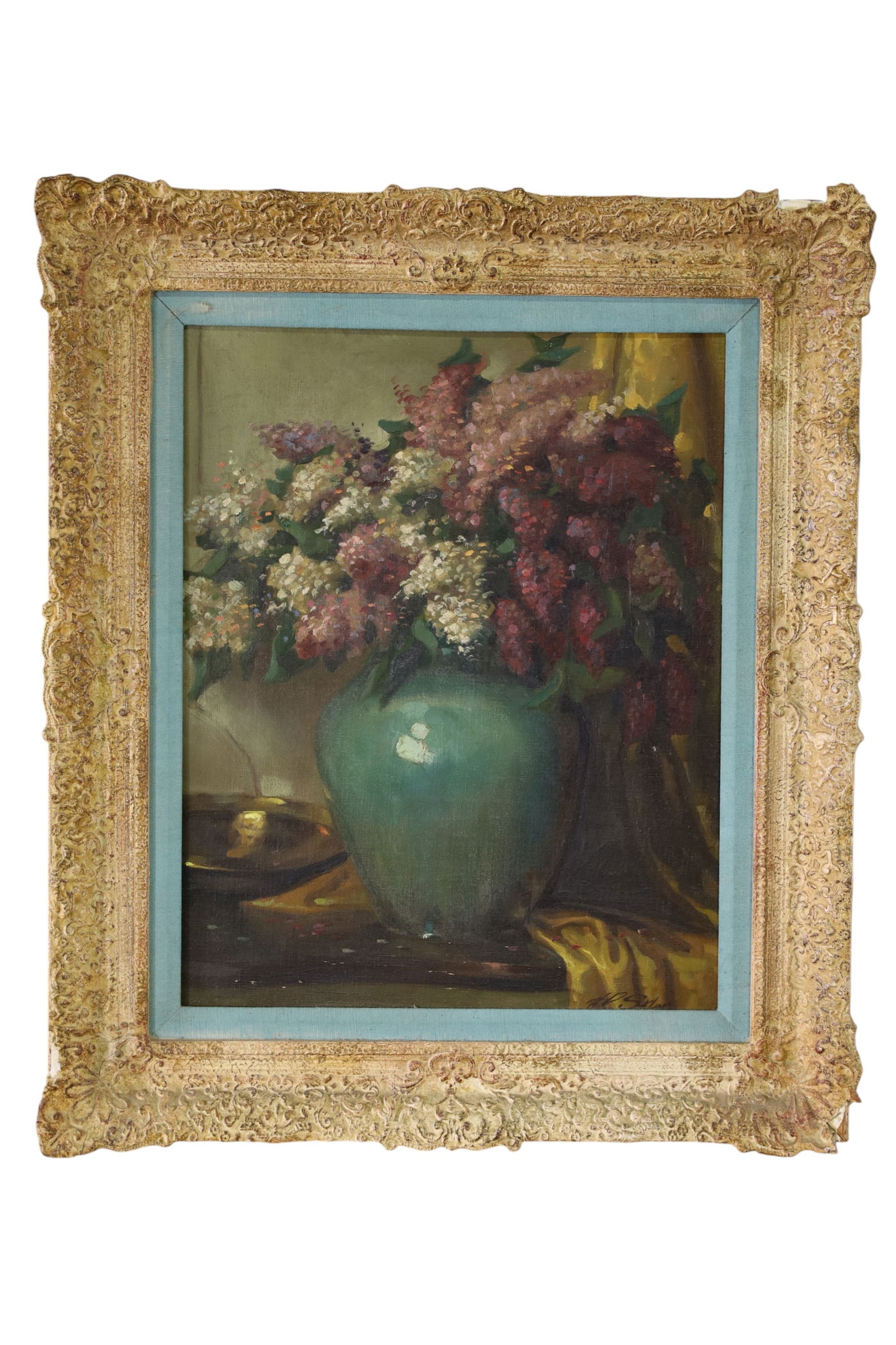 FLORAL STILL LIFE: OIL ON CANVAS, SIGNED LOWER RIGHT, SKLAR. IN GILT FRAME. CHIPS. 23" x 28" IN FRAME.