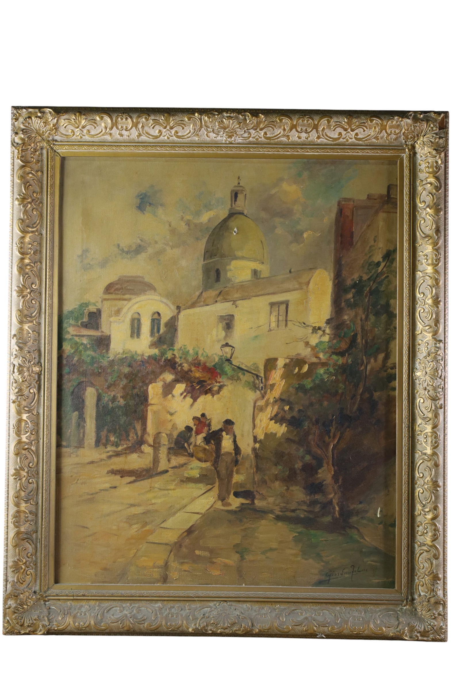 MISSION SCENE PAINTING: OIL ON CANVAS, SIGNED LOWER RIGHT, FELICE GIORDANO. HOLE TO UPPER CENTER. 30" x 36"