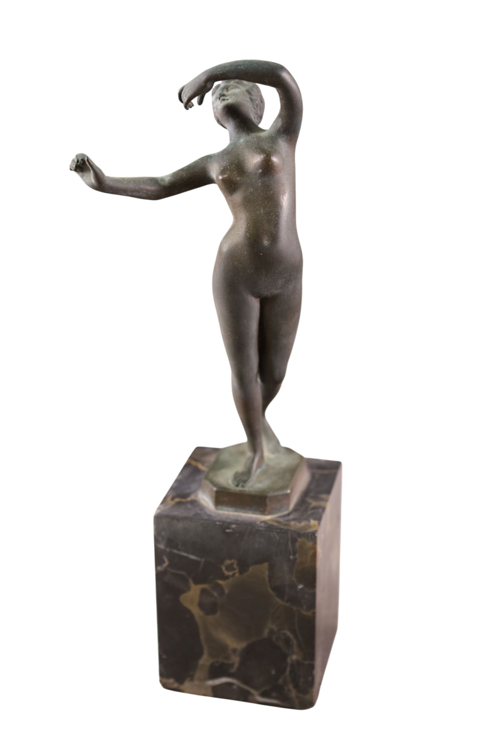 ART DECO NUDE CABINET BRONZE: ART DECO CABINET BRONZE ON MARBLE BASE, NUDE FEMALE. 10" H.