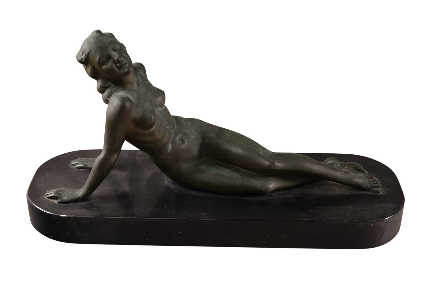 RECLINING NUDE BRONZE: ART DECO NUDE RECLINING BROZE FIGURE, WEAR TO FINISH. 13 1/2" L x 7"H .