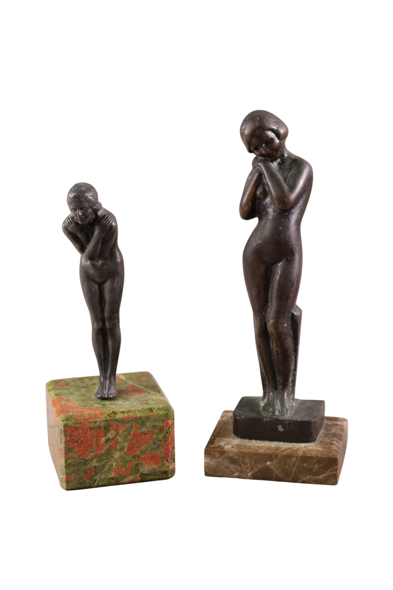 2 SMALL CABINET BRONZES: 2 SMALL ART DECO CABINET BRONZES, ON MARBLE BASES. 6 1/2" - 8 1/2" H