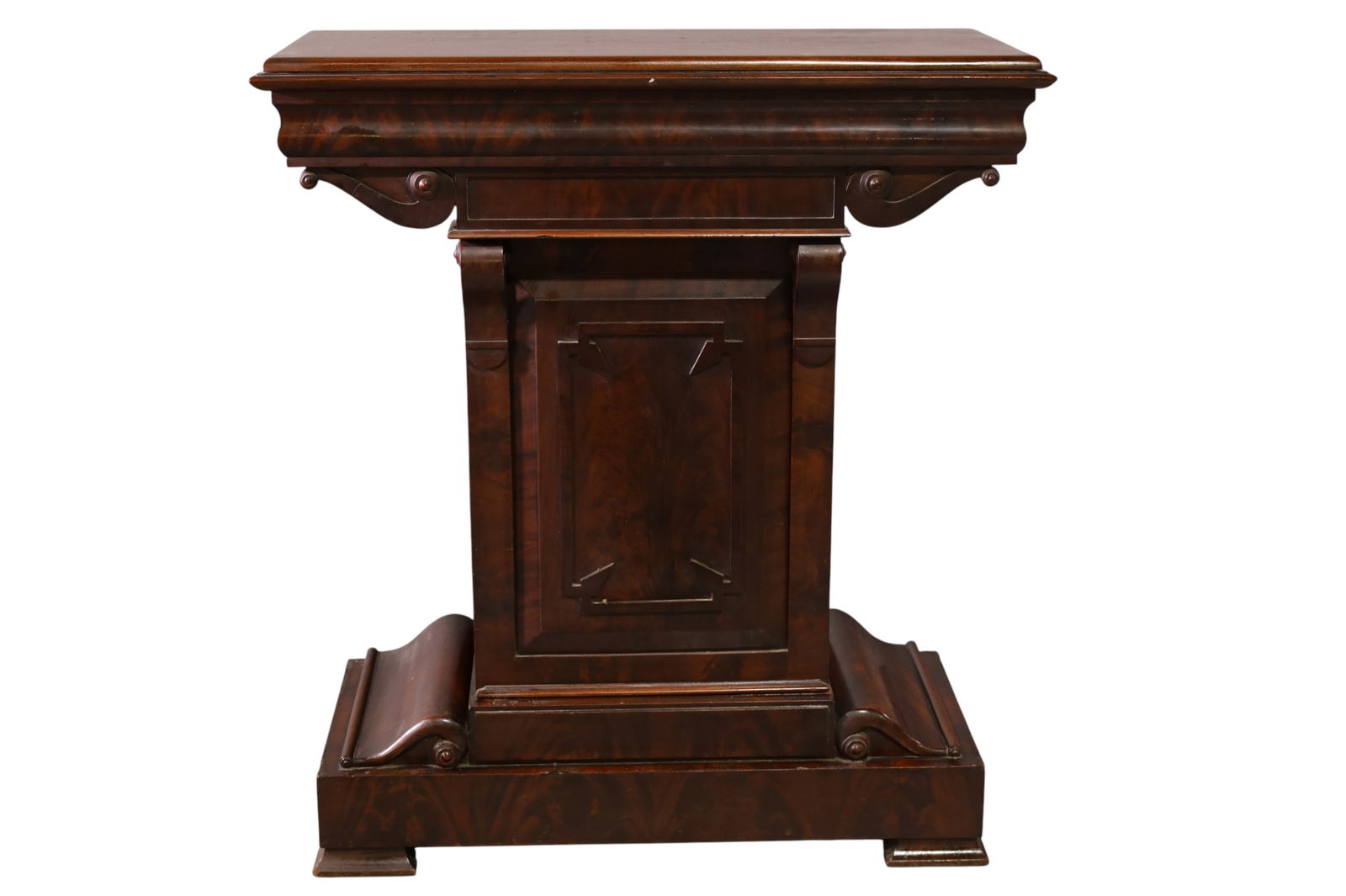 VICTORIAN EMPIRE MAHOGANY PULPIT: ANTIQUE MAHOGANY PULPIT, WEAR TO FINISH. 35" W x 17" D x 39" H. THIS ITEM EXCEEDS SIZE LIMITATIONS FOR IN HOUSE SHIPPING, MUST BE PICKED UP IN HOUSE OR SHIPPED VIA 3rd PARTY GROUND SHIPPER.