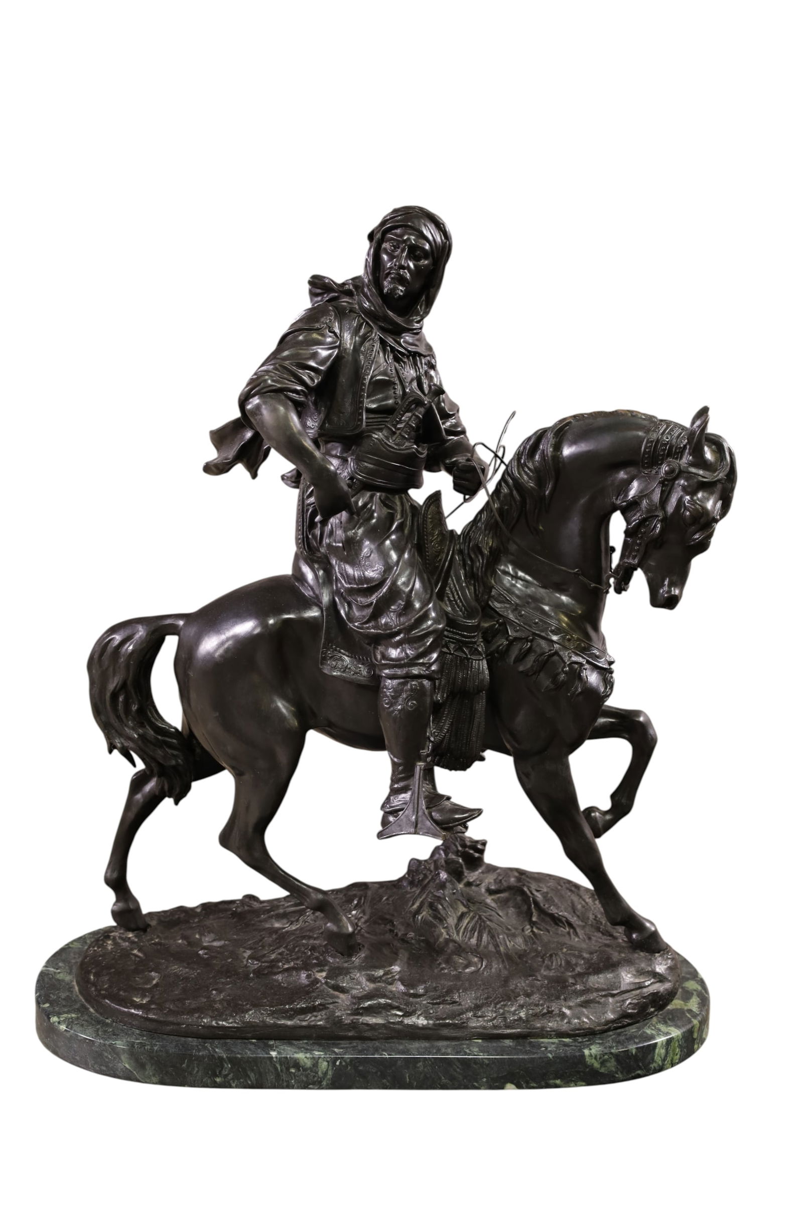 LARGE CAVALIER ARABE BRONZE FIGURE: CAVALIER ARABE BRONZE FIGURE, AFTER ALFRED BARNE. ON MABRLE BASE, THIS ITEM EXCEEDS SIZE LIMITATIONS FOR IN HOUSE SHIPPING, MUST BE PICKED UP IN HOUSE OR SHIPPED VIA 3rd PARTY GROUND SHIPPER.