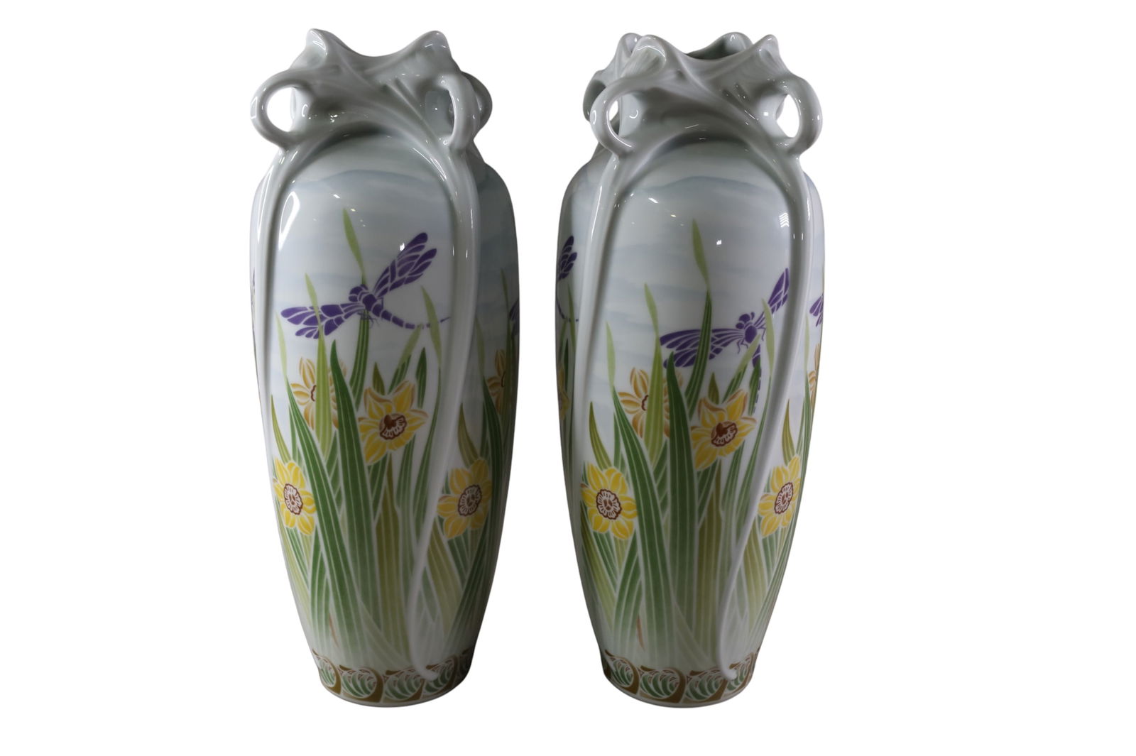 PAIR OF LARGE HAVILAND PORCELAIN VASES: PAIR OF LARGE PORCELAIN VASES, MARKED HAVILAND FRANCE, DRAGONFLY AND DAFFODILS. 19" H.