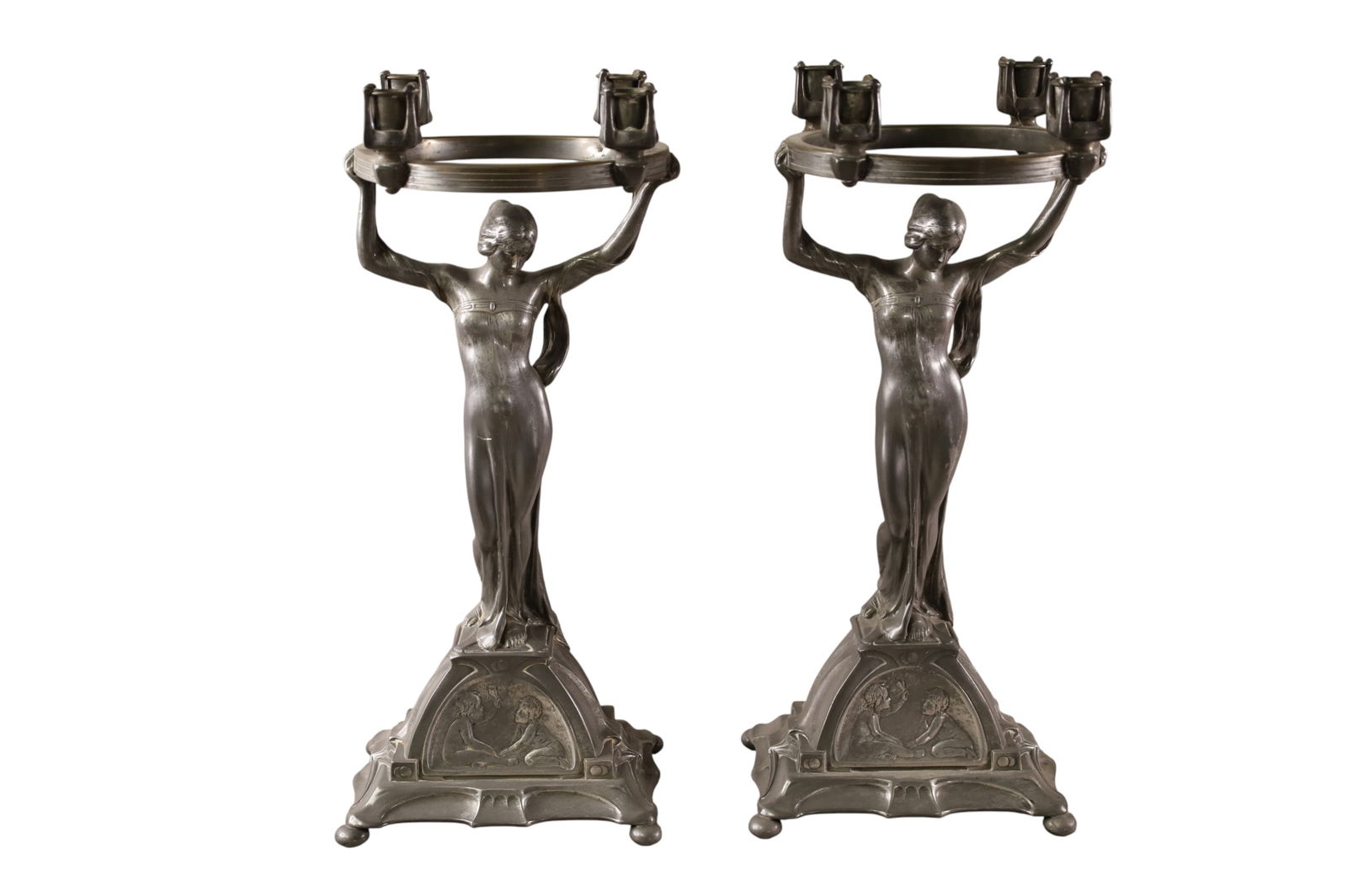 PAIR OF ART NOUVEAU PEWTER CANDLESTICKS: PAIR OF LARGE ART NOUVEAU CANDLESTICKS, FIGURAL PEWTER CANDLESTICKS, 4 LIGHT CANDELABRAS. 17 1/2" H.