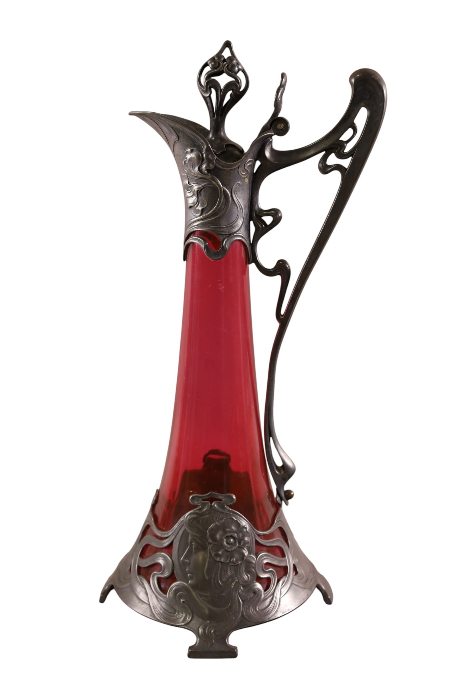 ART NOUVEAU PITCHER: ART NOUVEAU WMF CRANBERRY CLARET JUG, MARKED ON BASE. 17" H.