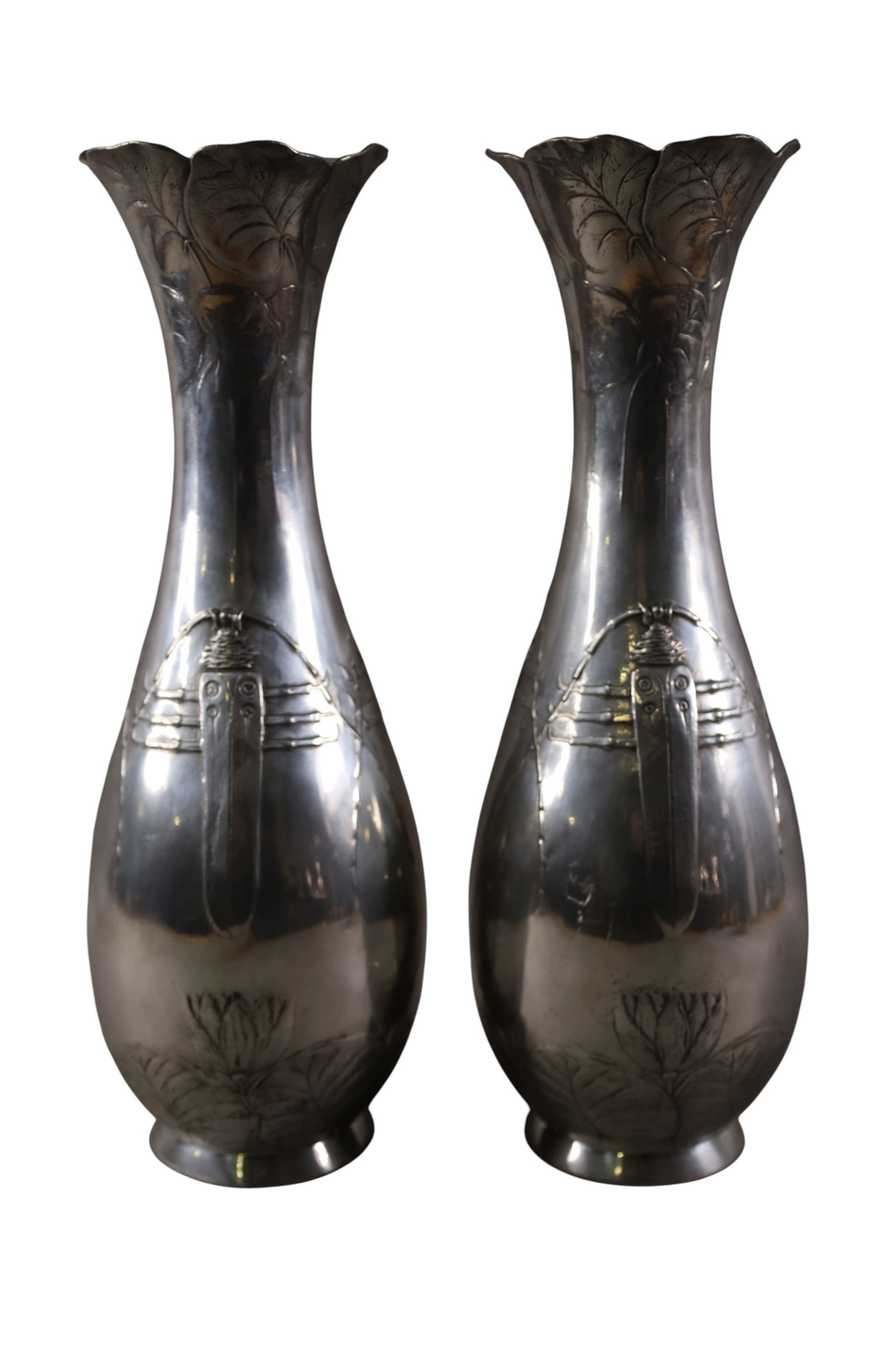 PAIR OF ART NOUVEAU PEWTER VASES: PAIR OF KAYSERZINN ART NOUVEAU PEWTER VASES, MARKED 4252. 15 1/2"