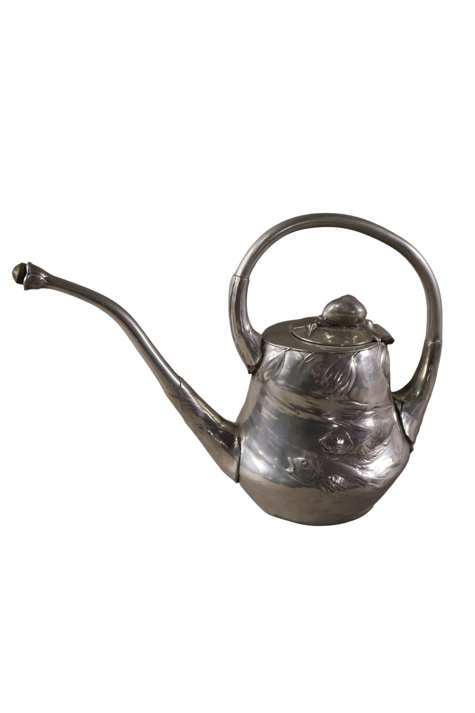 ART NOUVEAU PEWTER SNAIL WATERING CAN: ART NOUVEAU KAYSERZINN PEWTER WATERING CAN, MARKED ON BASE, 4025. 8 3/4" H & 11" W.