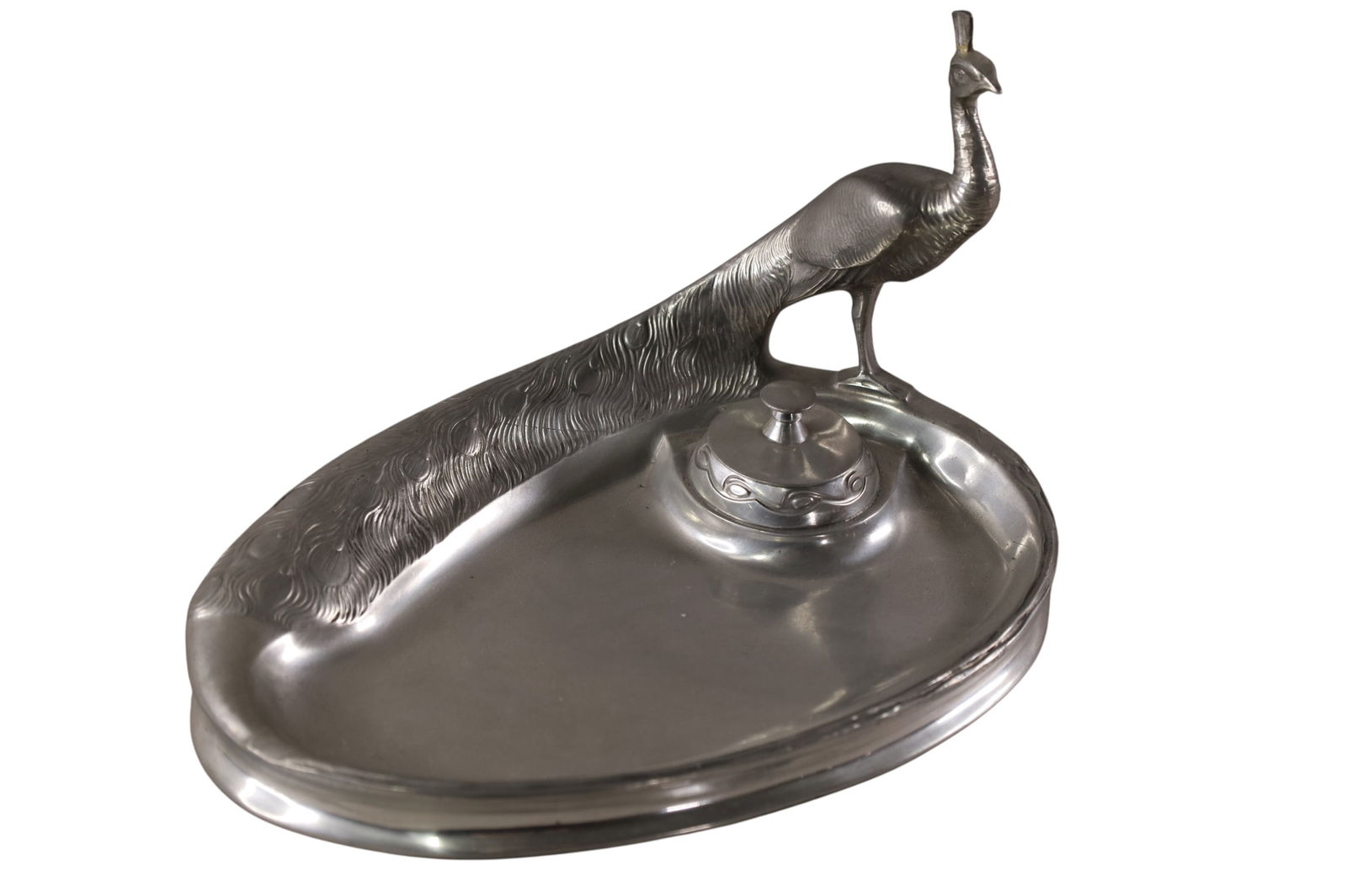 PEWTER PEACOCK INKWELL: ART NOUVEAU PEWTER INKWELL, MARKED 4781. 9" W x 6" H.