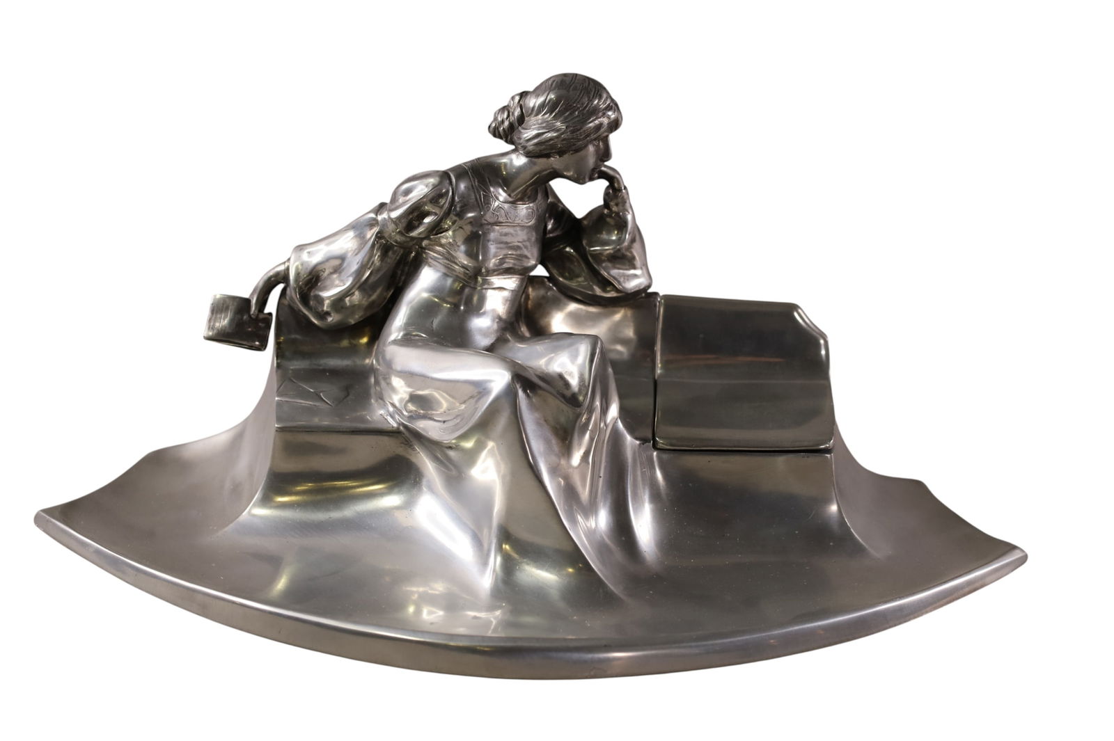 ART NOUVEAU PEWTER LADY INKWELL: ART NOUVEAU PEWTER INKWELL, MARKED KAYSERZINN, 14" x 7"