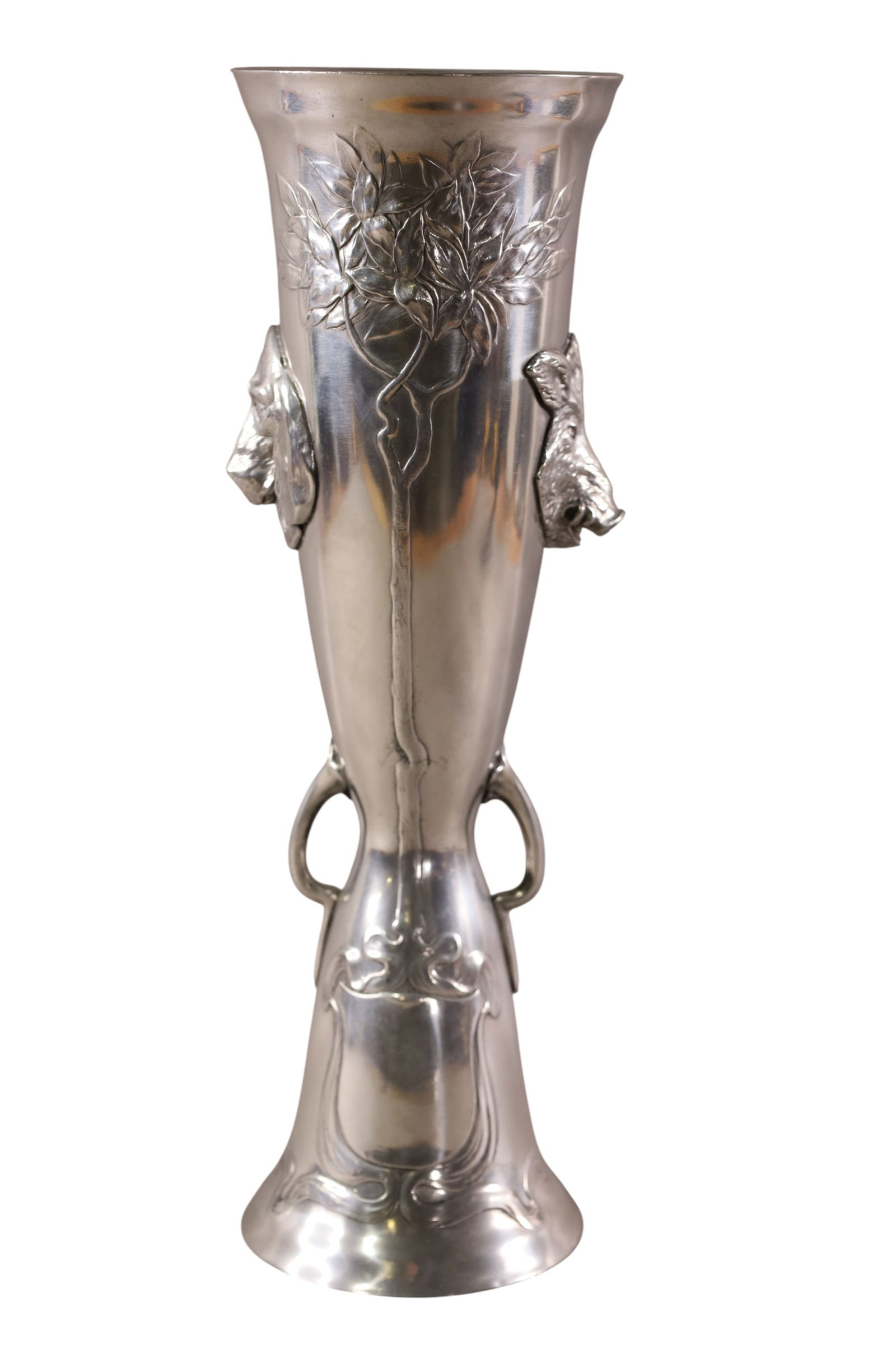 ART NOUVEAU PEWTER HUNT SCENE VASE: MARKED KAYSERZINN, 4330, ART NOUVEAU DOG & BOAR PEWTER VASE, 14" H.