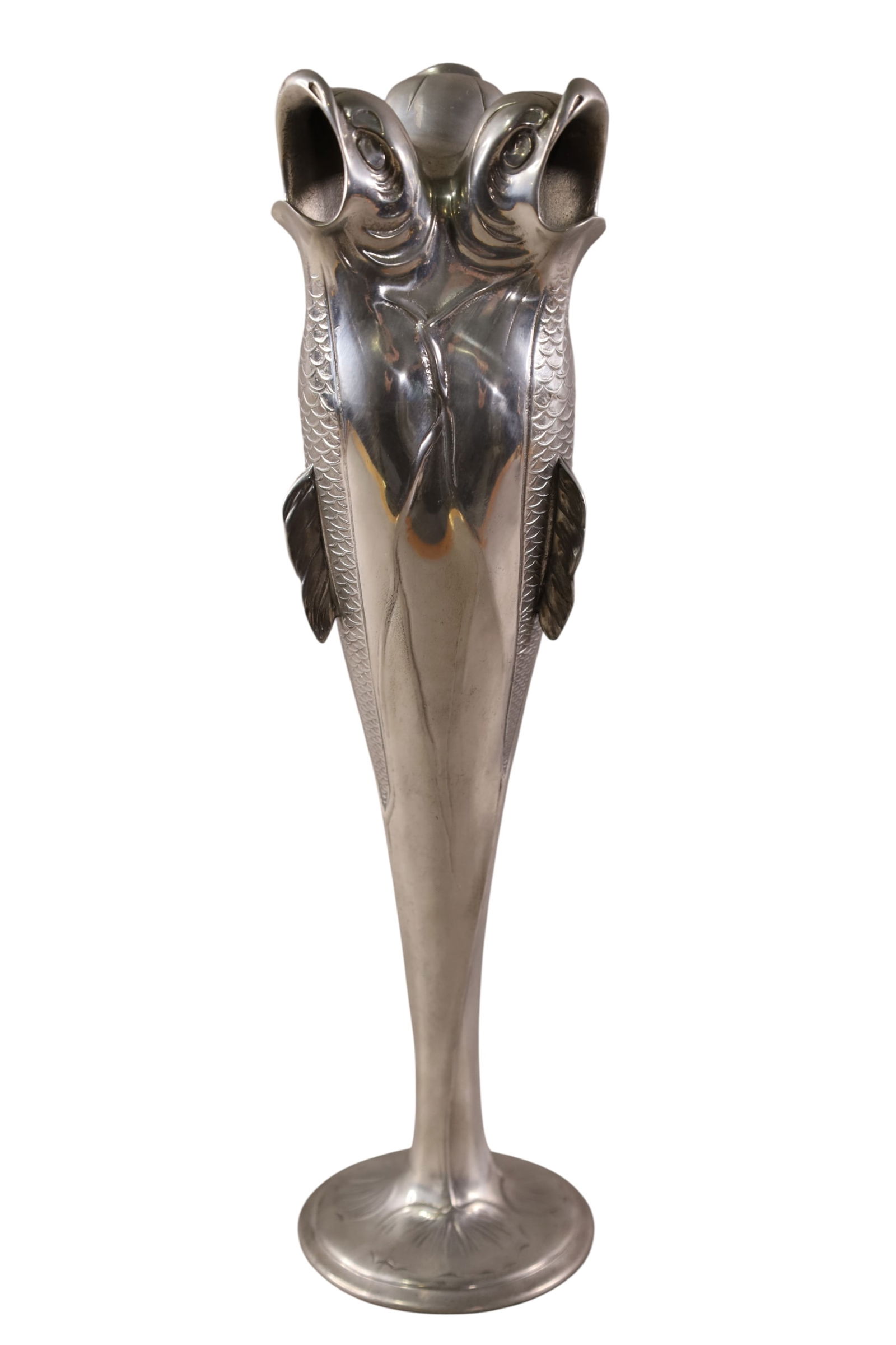 ART NOUVEAU PEWTER FISH VASE: MARKED ON BASE, 12 1/2" H.
