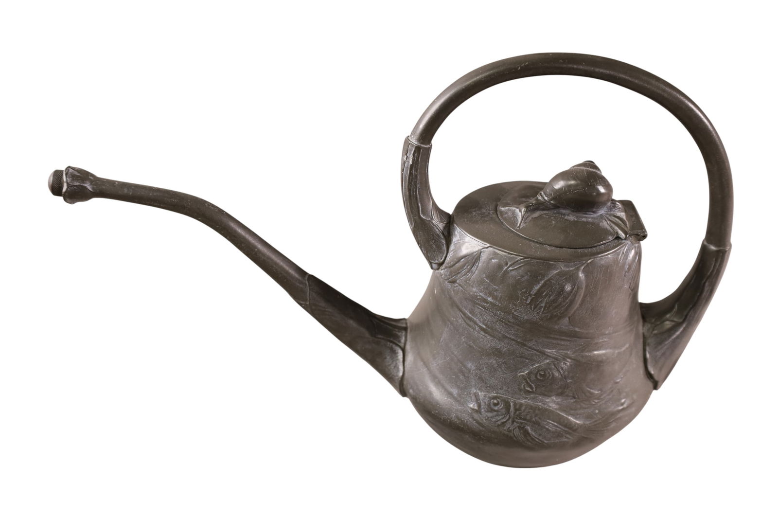 ART NOUVEAU PEWTER SNAIL WATERING CAN: ART NOUVEAU KAYSERZINN PEWTER WATERING CAN, 4205. 13" L x 8" H.