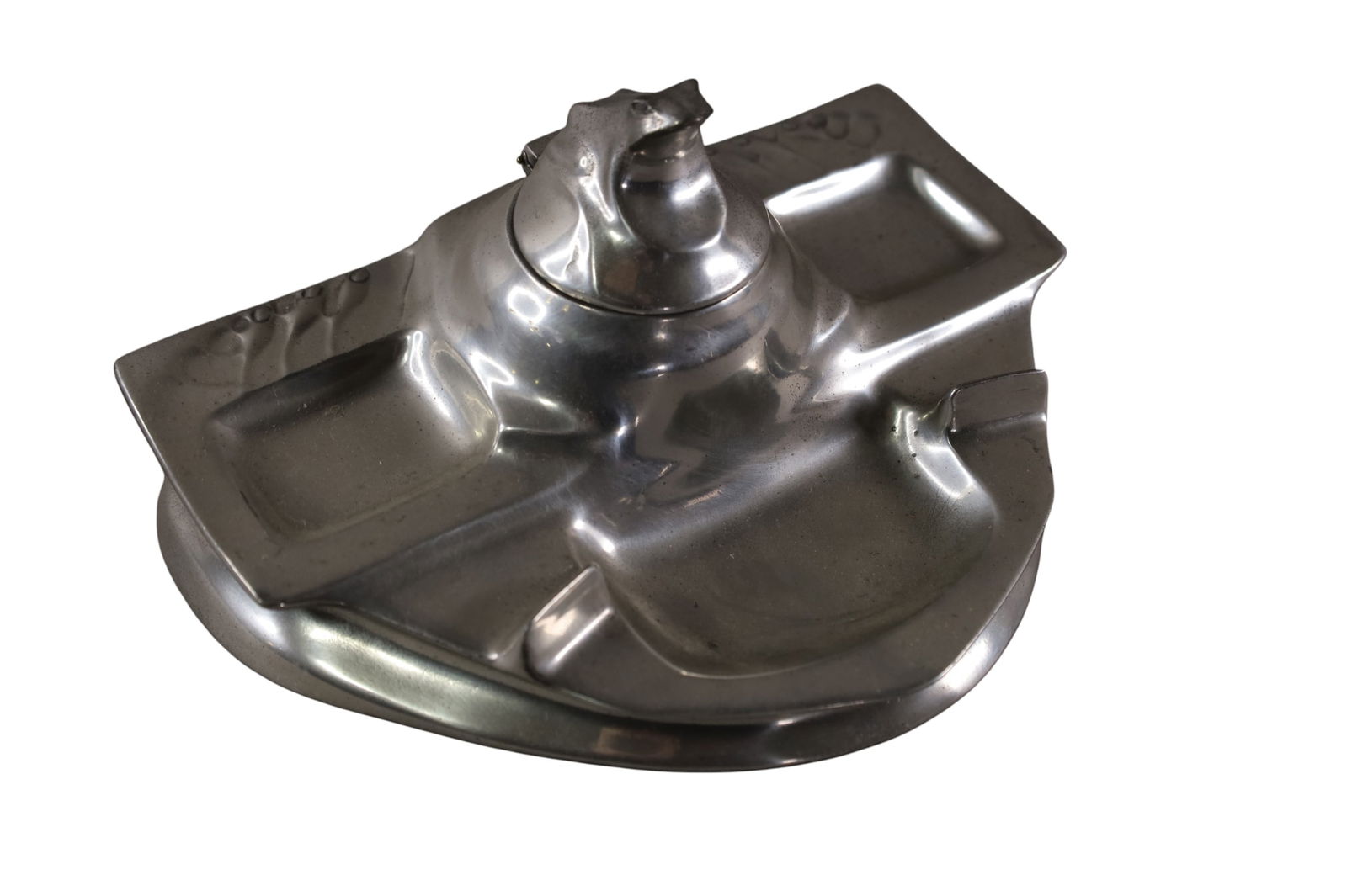 PEWTER FROG INKWELL: ART NOUVEAU FROG INKWELL, PEWTER KAYSERZINN. 8 1/2" x 4" H.