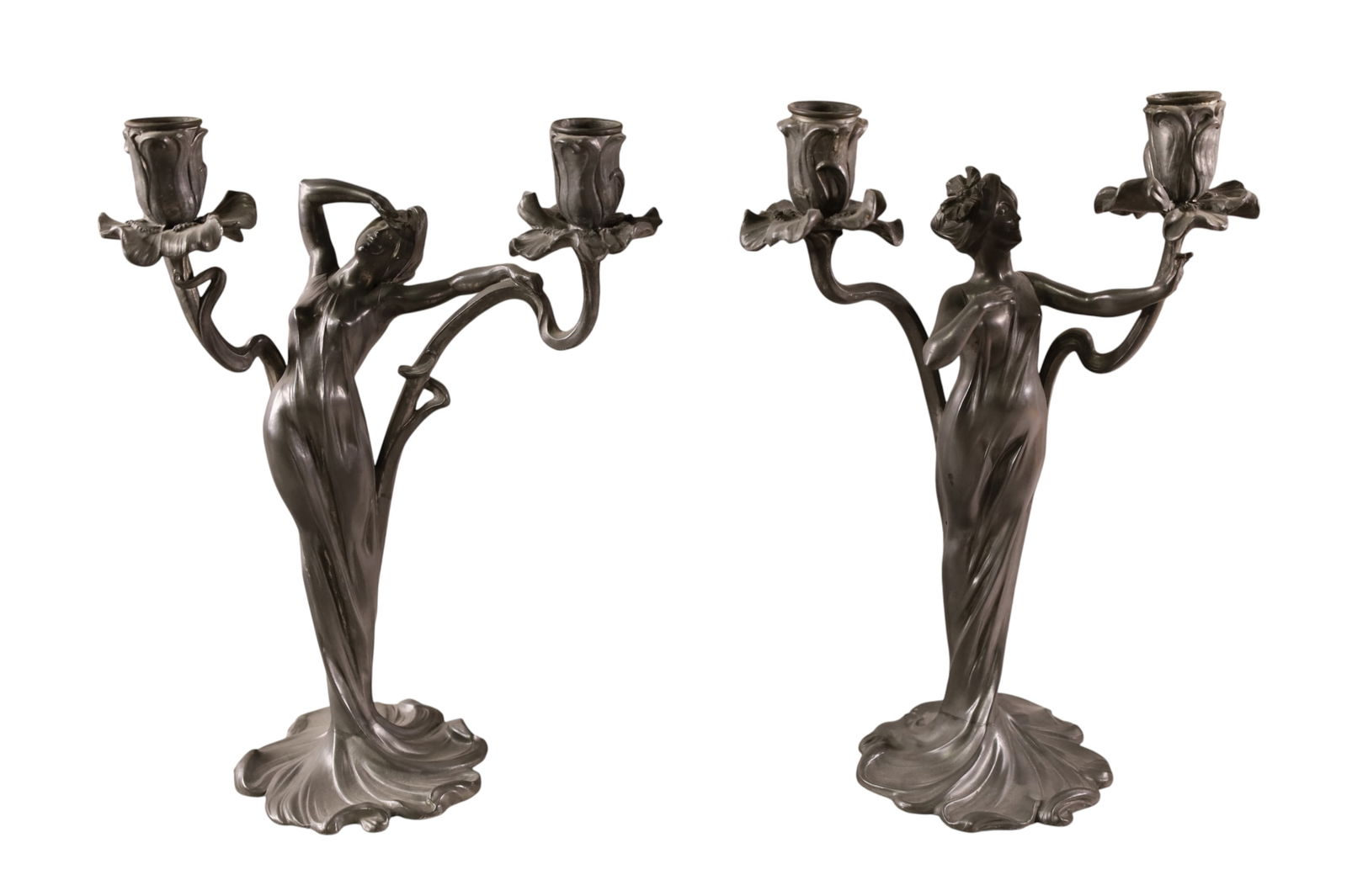 PAIR OF FIGURAL ART NOUVEAU CANDELSTICKS: IMPERIAL ZINN, B&G PEWTER CANDELABRAS, 4815. 13" H.